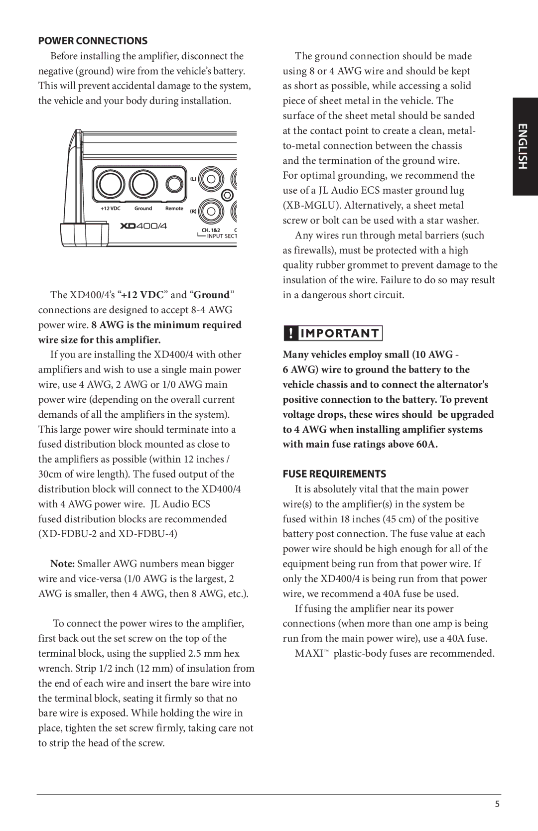 JL Audio XD400/4, XD600/1 owner manual Power Connections, Many vehicles employ small 10 AWG, Fuse Requirements 