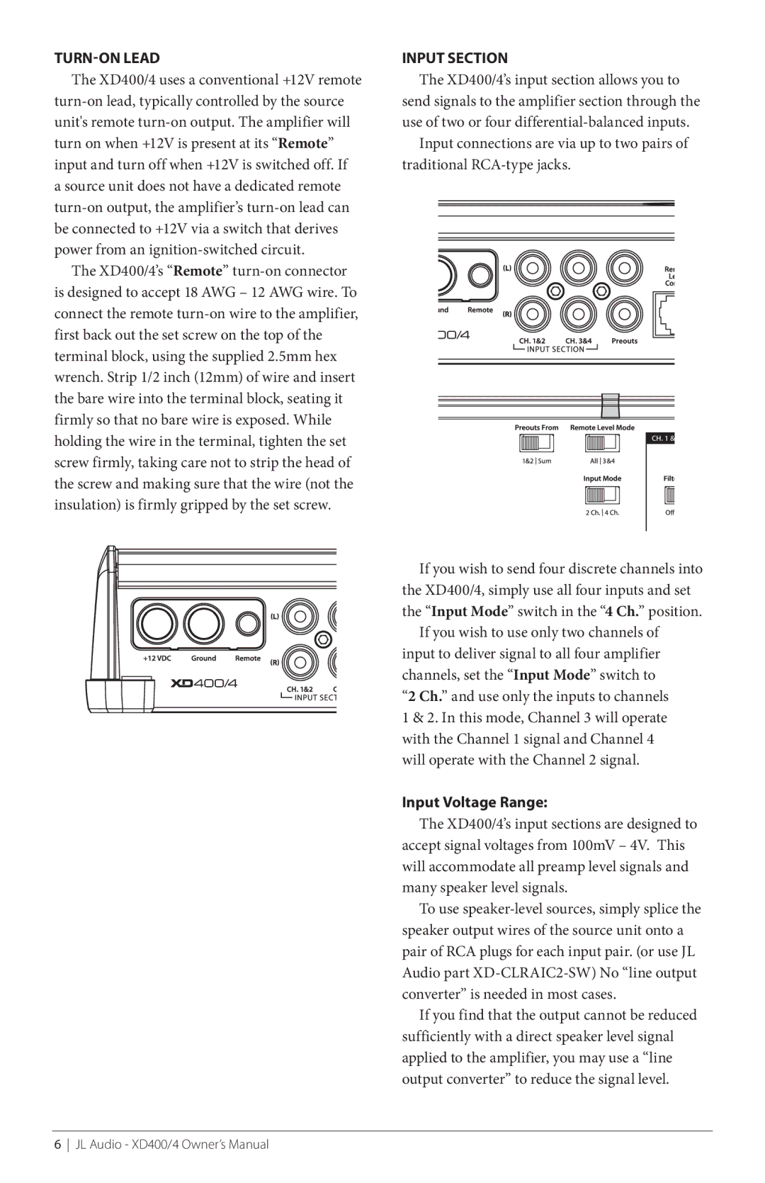 JL Audio XD600/1, XD400/4 owner manual Turn-On Lead, Input Section, Traditional RCA-type jacks, Input Voltage Range 