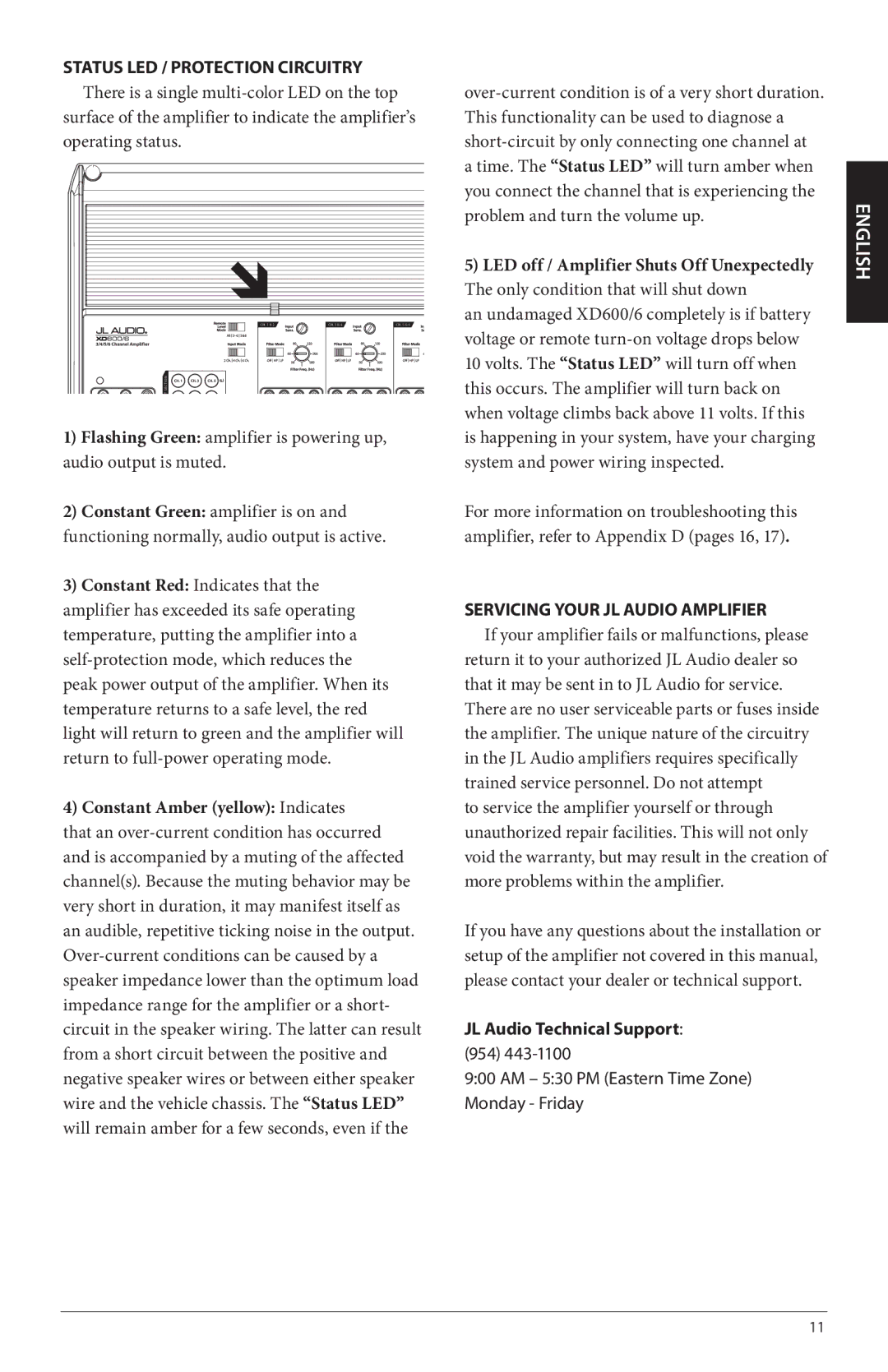 JL Audio XD600/6 Constant Amber yellow Indicates, Servicing your JL Audio Amplifier, JL Audio Technical Support 