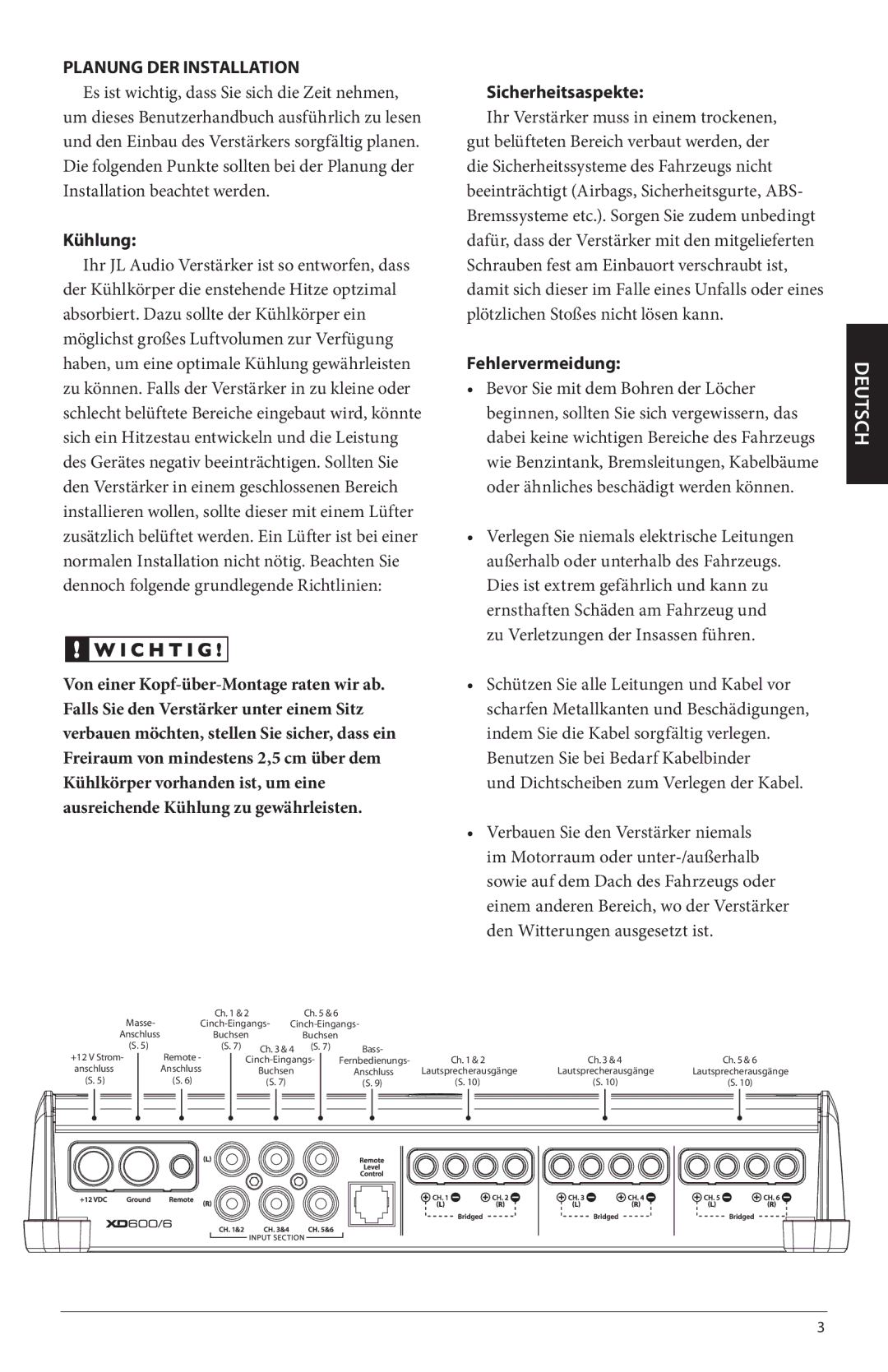 JL Audio XD600/6 owner manual Planung DER Installation, Kühlung, Sicherheitsaspekte, Fehlervermeidung 