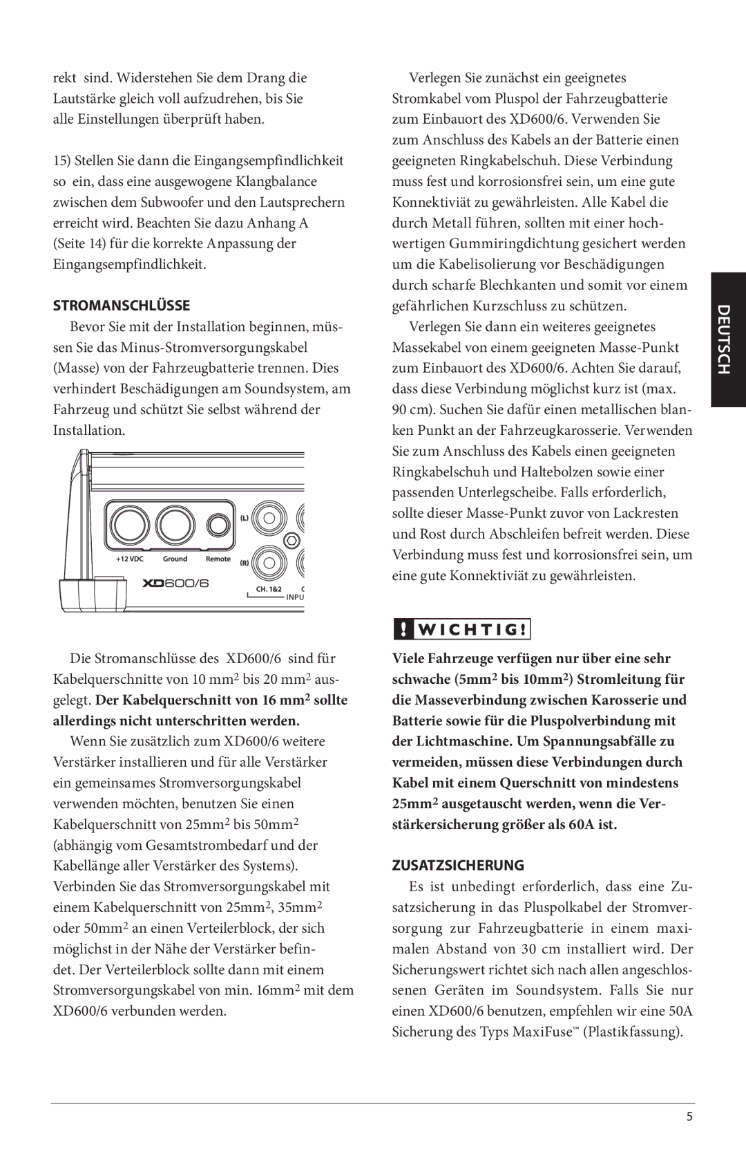 JL Audio XD600/6 owner manual Stromanschlüsse, Zusatzsicherung 