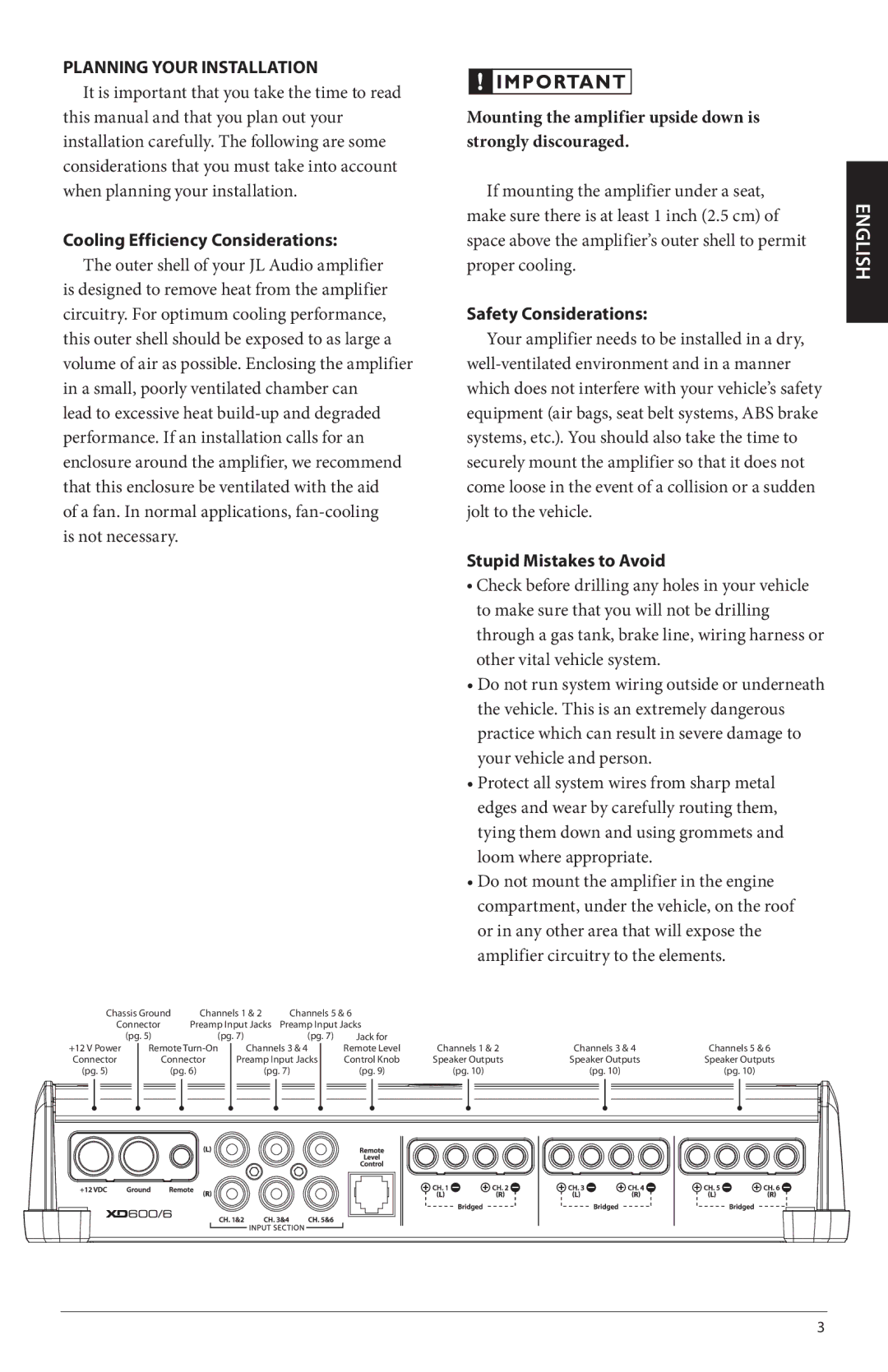 JL Audio XD600/6 owner manual Planning Your Installation, Cooling Efficiency Considerations, Safety Considerations 