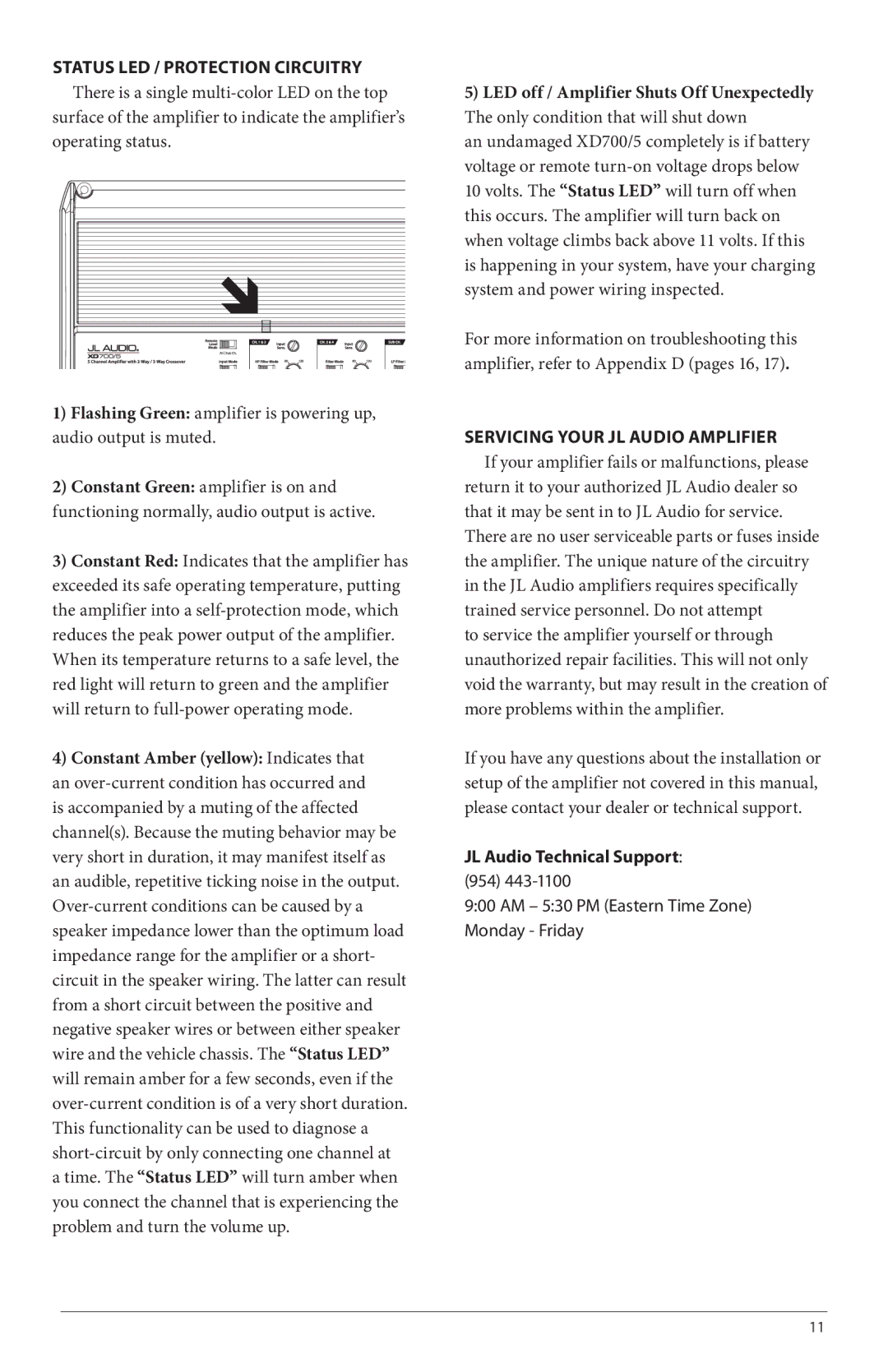 JL Audio XD700/5 Status LED / Protection Circuitry, Servicing Your JL Audio Amplifier, JL Audio Technical Support 