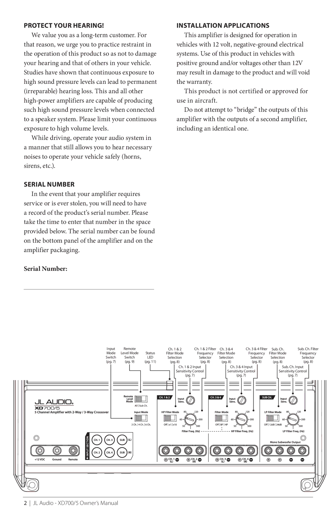 JL Audio XD700/5 owner manual Protect Your Hearing, Serial Number, Installation Applications 