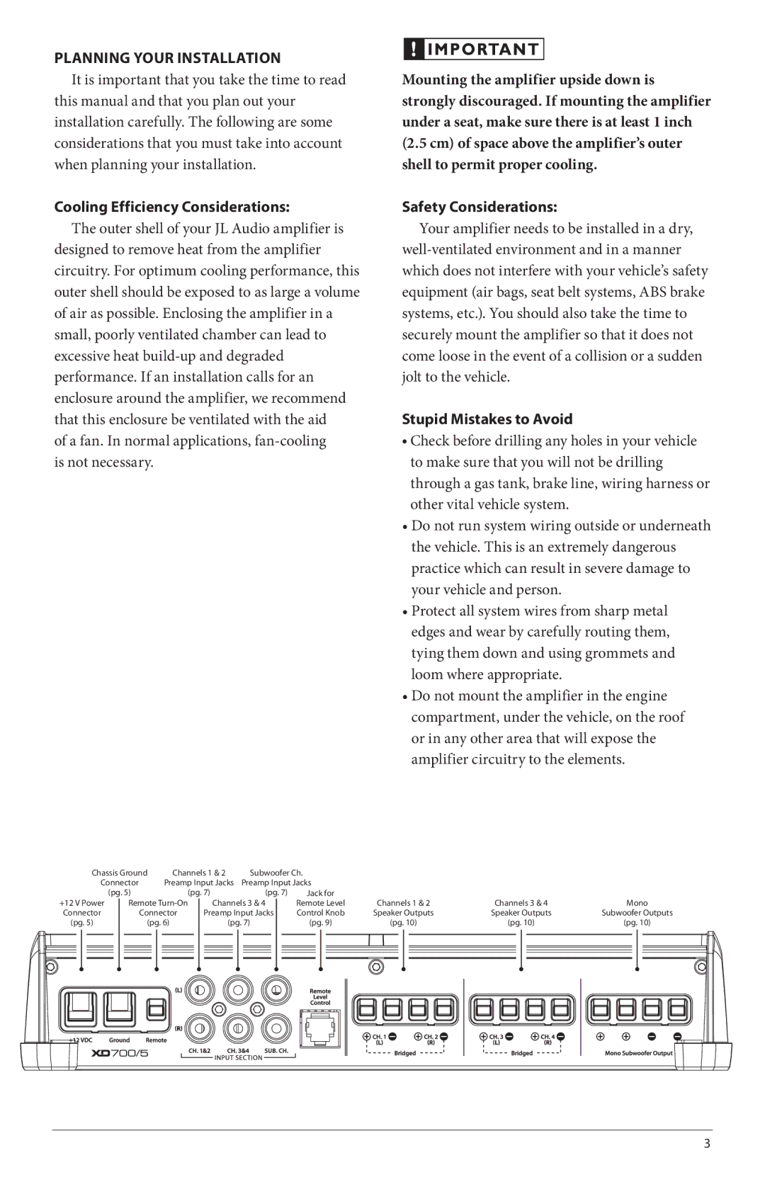 JL Audio XD700/5 owner manual Planning Your Installation, Cooling Efficiency Considerations, Safety Considerations 