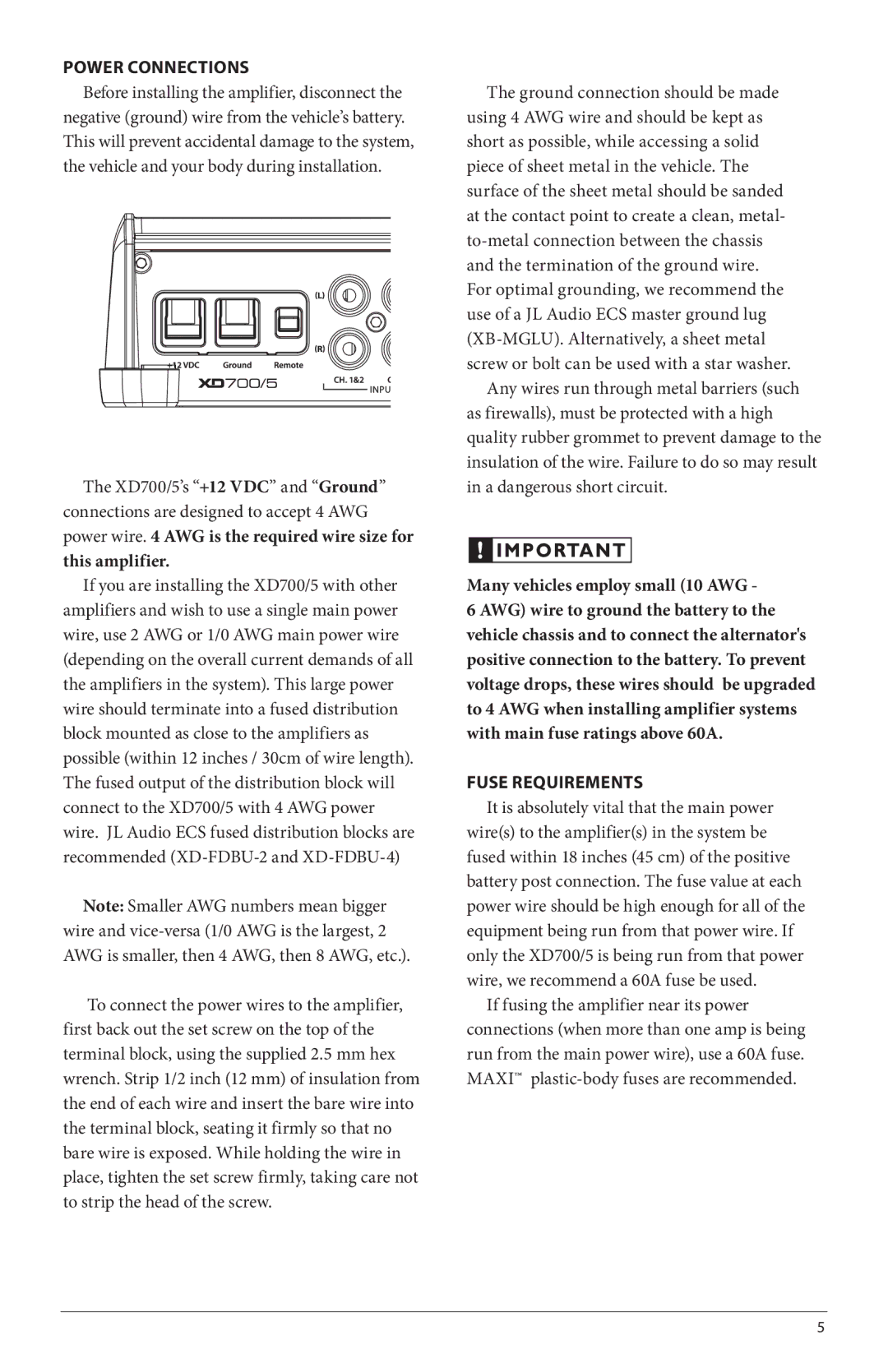 JL Audio XD700/5 owner manual Power Connections, Fuse Requirements 