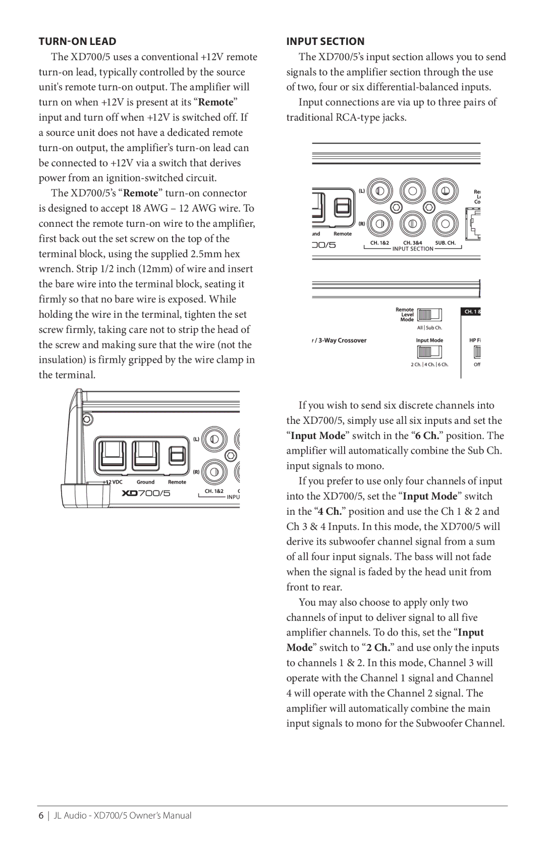 JL Audio XD700/5 owner manual TURN-ON Lead, Input Section 