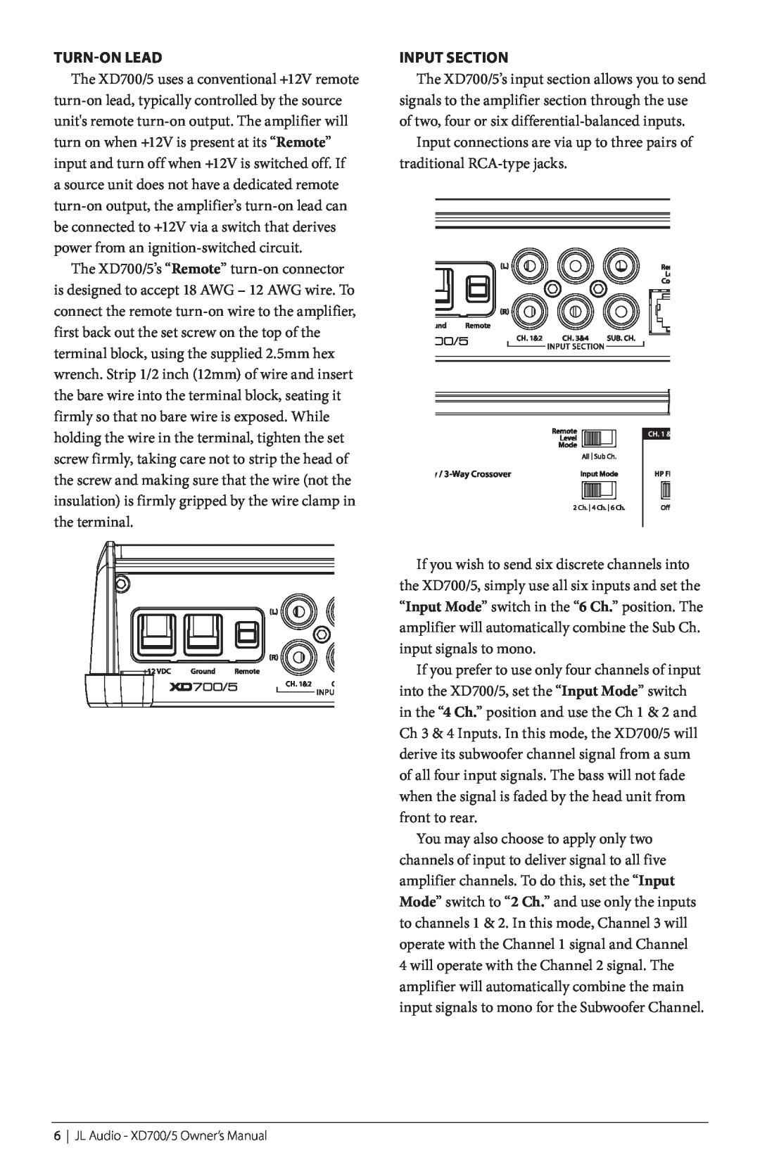 JL Audio XD700/5 owner manual Turn-On Lead, Input Section 
