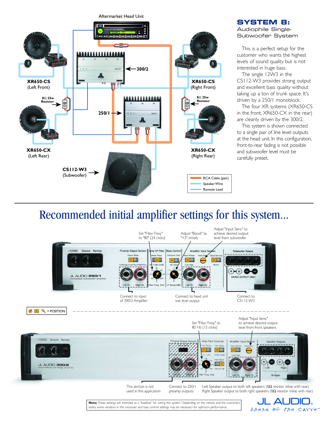 JL Audio XR650-CX manual Recommended initial amplifier settings for this system, System 