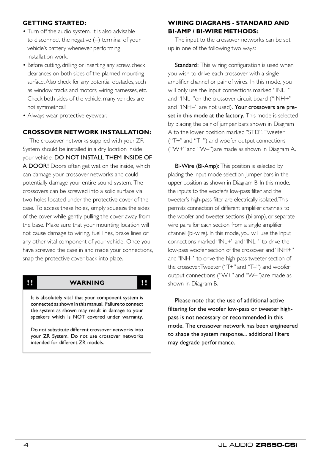 JL Audio ZR650-CSi owner manual Getting Started, Wiring Diagrams Standard and Bi-amp / Bi-wire methods 