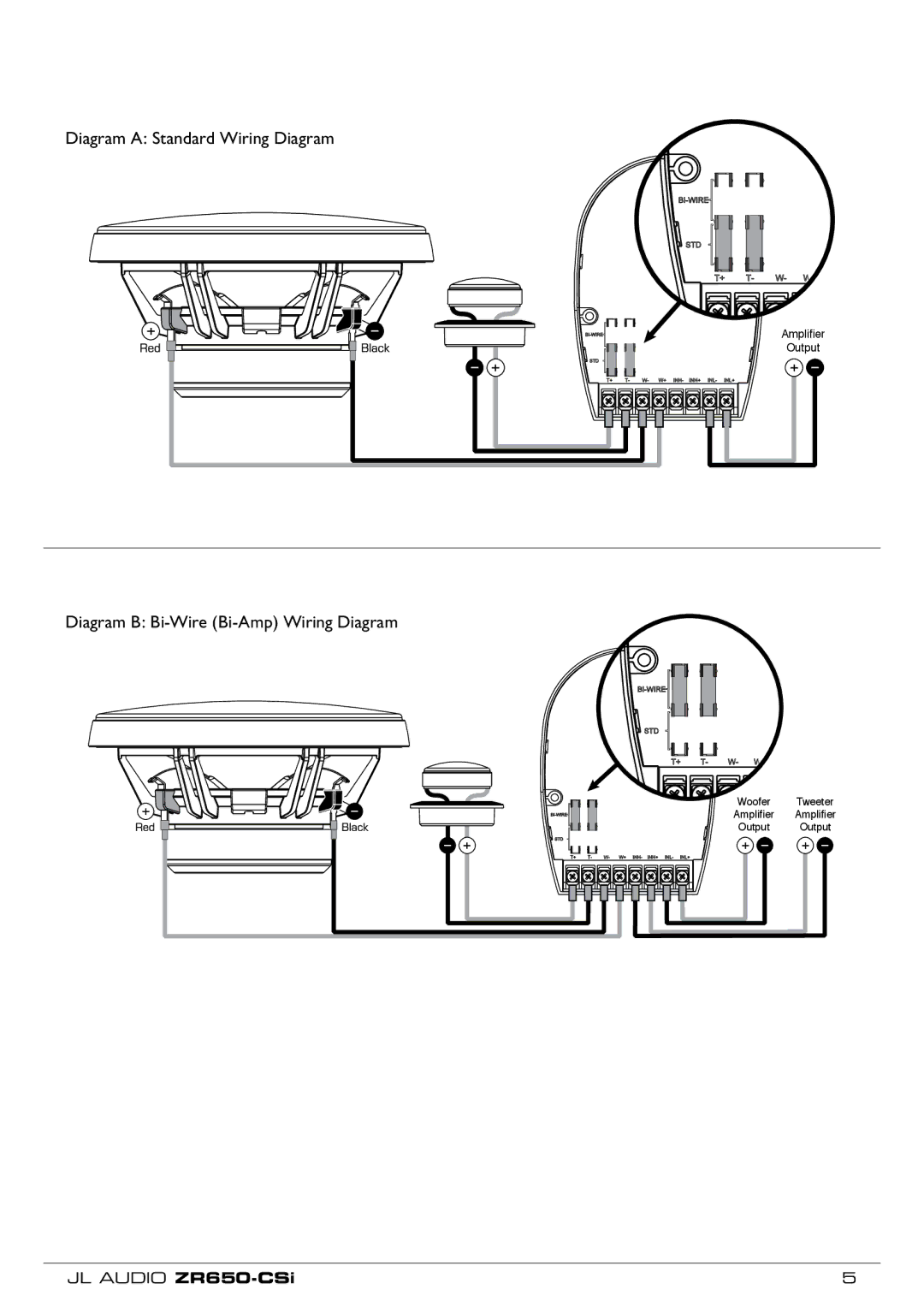 JL Audio ZR650-CSi owner manual Diagram a Standard Wiring Diagram, Diagram B Bi-Wire Bi-Amp Wiring Diagram 