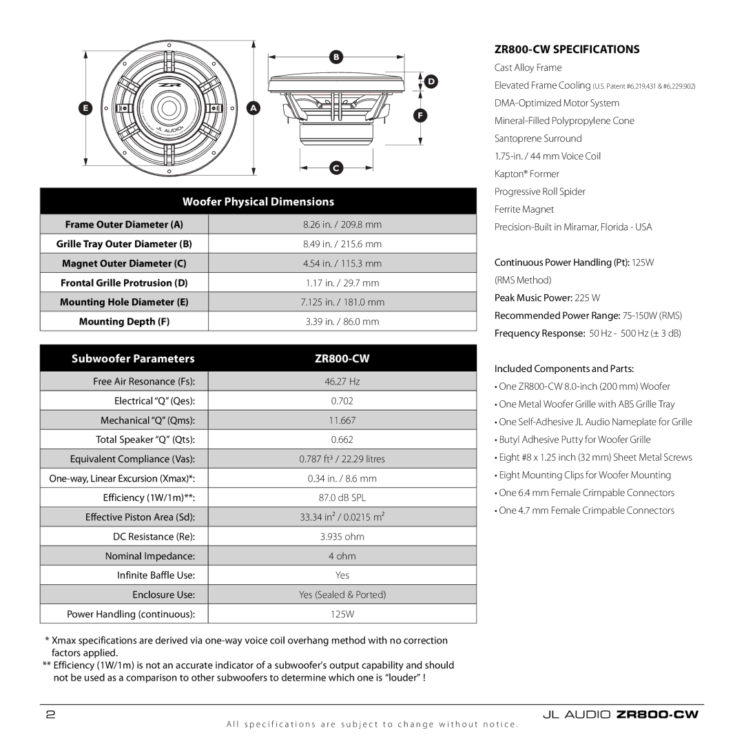 JL Audio owner manual Woofer Physical Dimensions, Subwoofer Parameters, ZR800-CW Specifications 