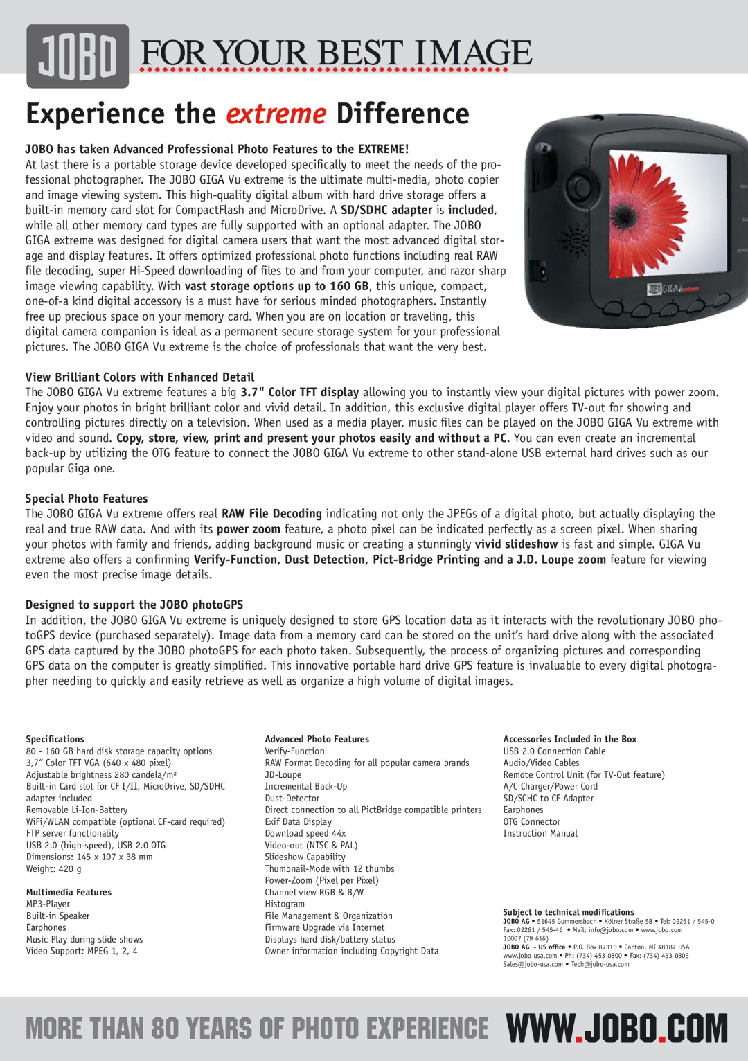 JOBO GIGA Vu extreme manual Experience the extreme Difference, Designed to support the Jobo photoGPS, Multimedia Features 