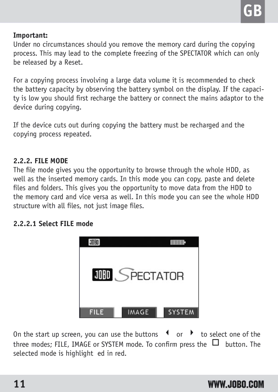 JOBO GSP040 owner manual File Mode, Select File mode 