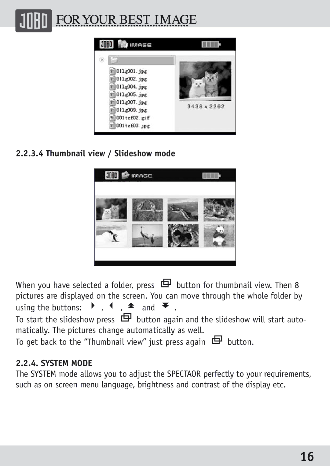 JOBO GSP040 owner manual Thumbnail view / Slideshow mode, System Mode 