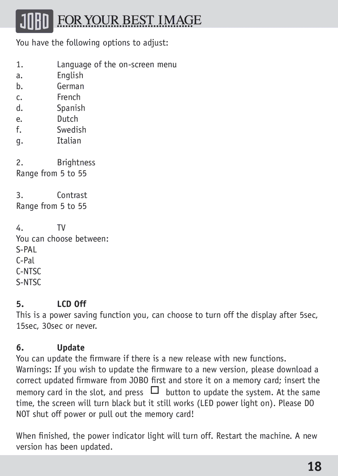 JOBO GSP040 owner manual LCD Off, Update 