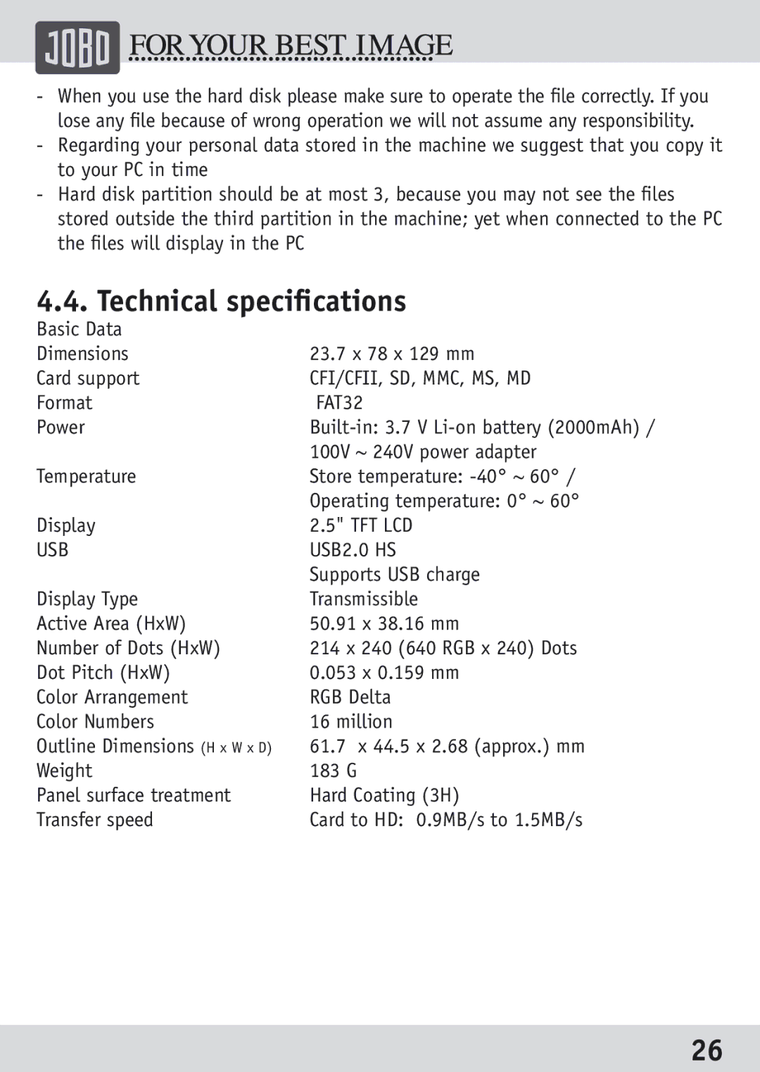 JOBO GSP040 owner manual Technical speciﬁcations, FAT32 