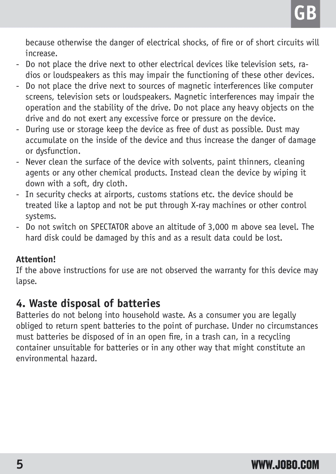 JOBO GSP040 owner manual Waste disposal of batteries 