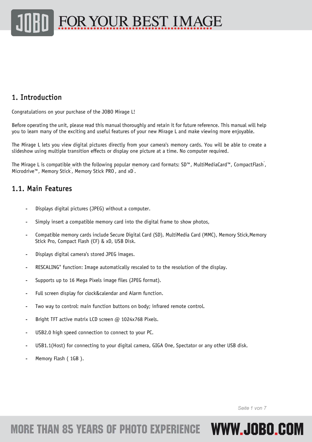 JOBO instruction manual Introduction, Congratulations on your purchase of the Jobo Mirage L 