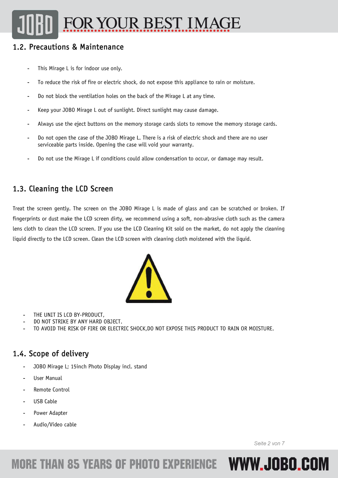 JOBO Mirage L instruction manual Precautions & Maintenance, Cleaning the LCD Screen, Scope of delivery 