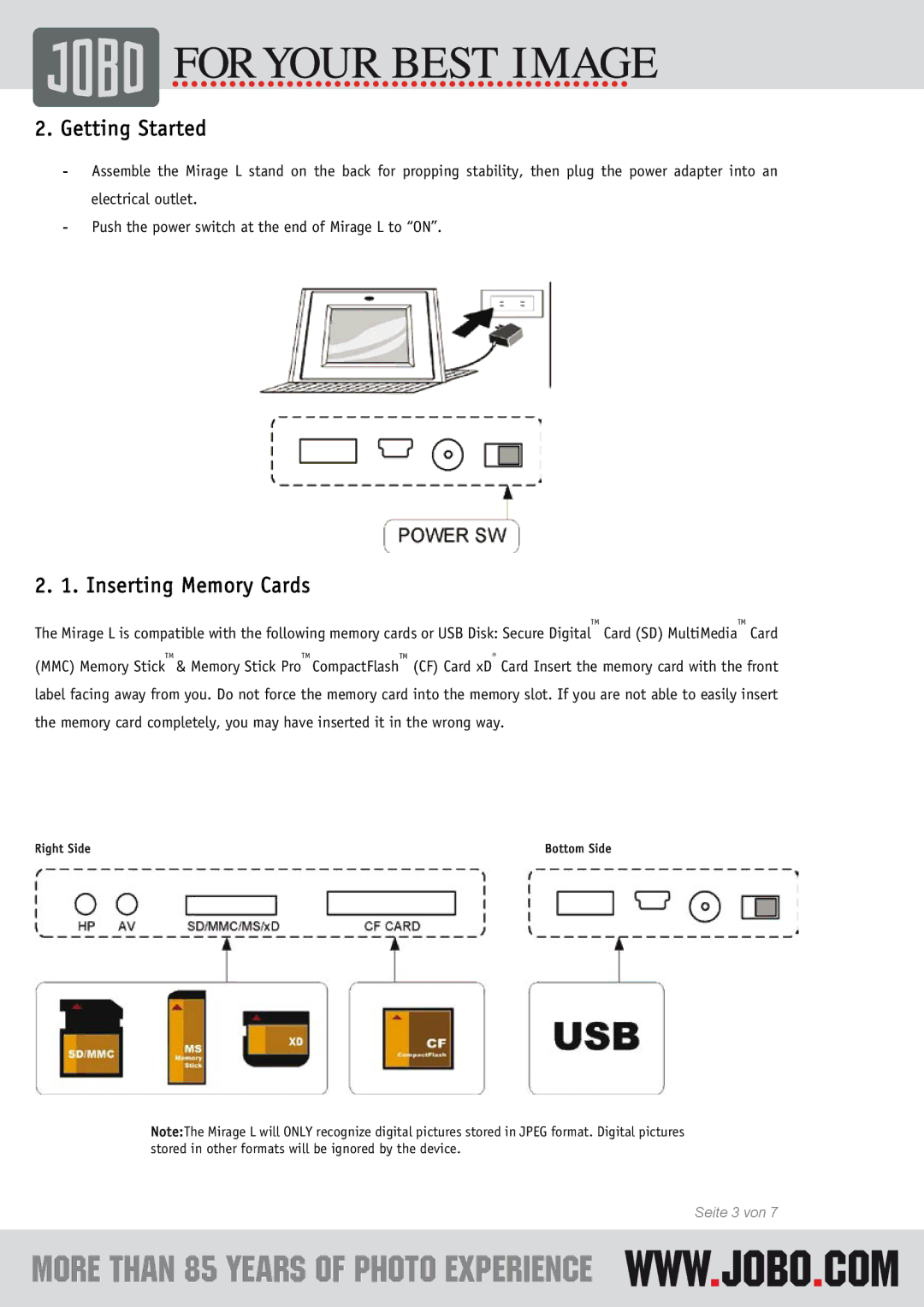 JOBO Mirage L instruction manual Getting Started, Inserting Memory Cards 