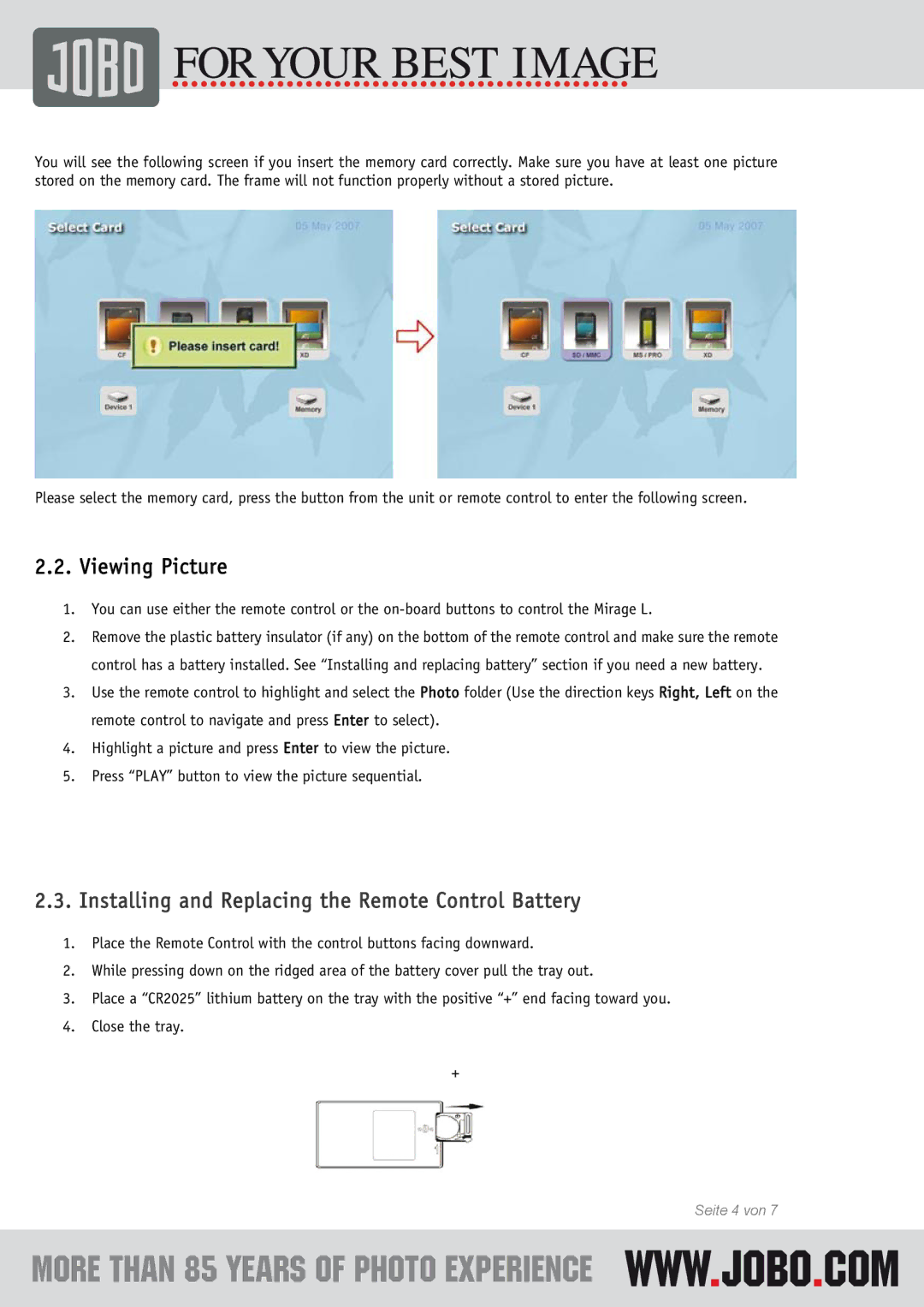 JOBO Mirage L instruction manual Viewing Picture, Installing and Replacing the Remote Control Battery 