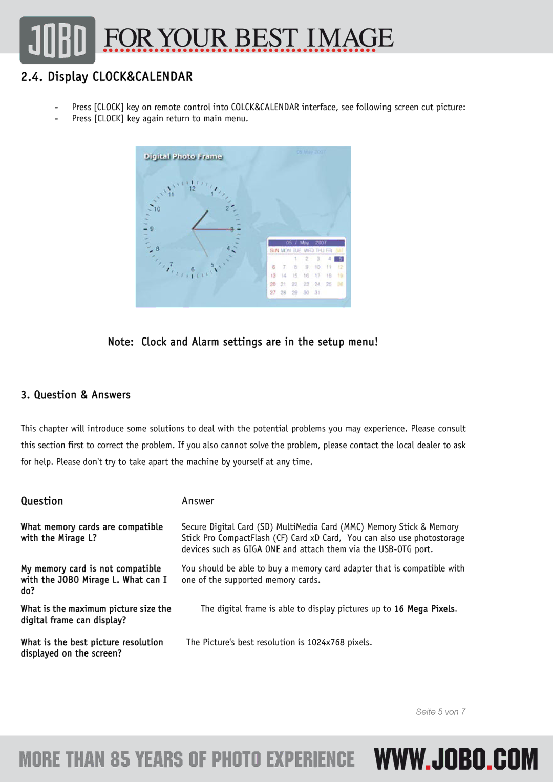 JOBO Mirage L instruction manual Display CLOCK&CALENDAR 