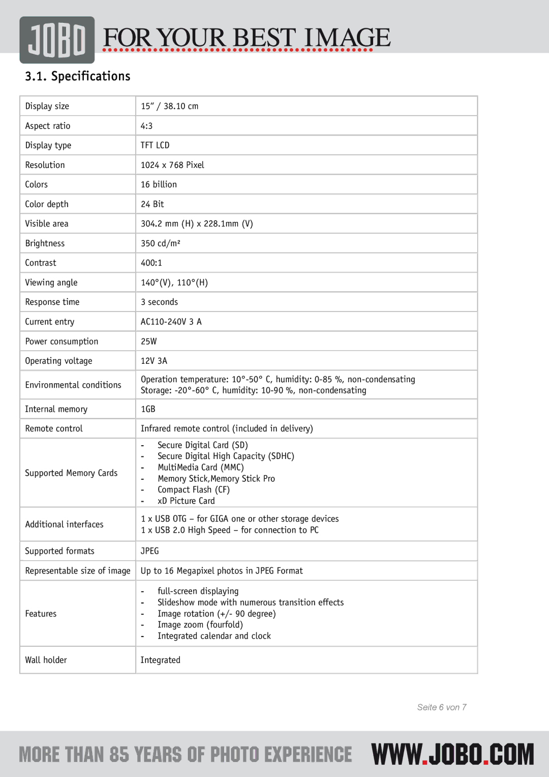 JOBO Mirage L instruction manual Specifications, Tft Lcd, Jpeg 