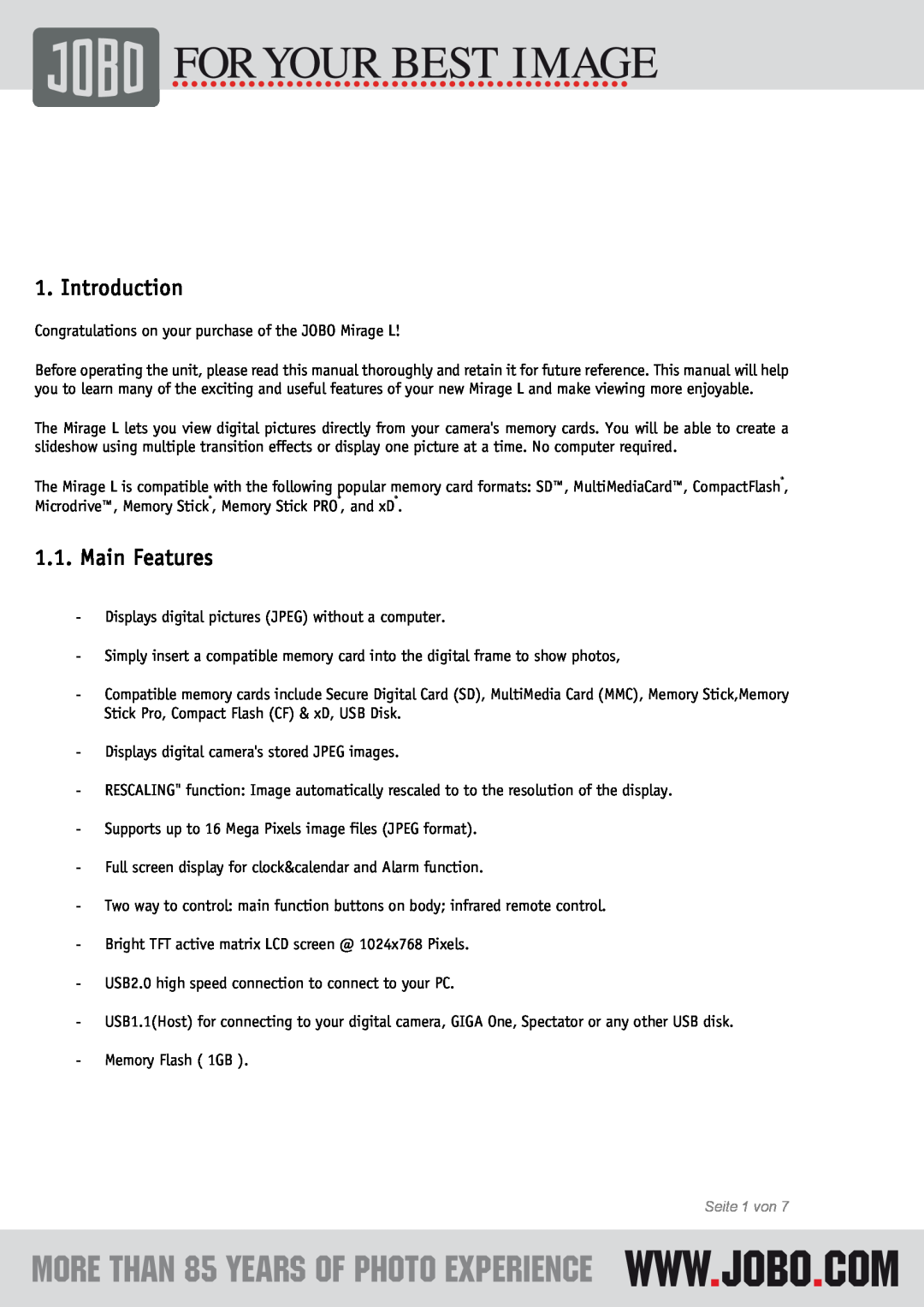 JOBO Mirage L instruction manual Introduction, Main Features 