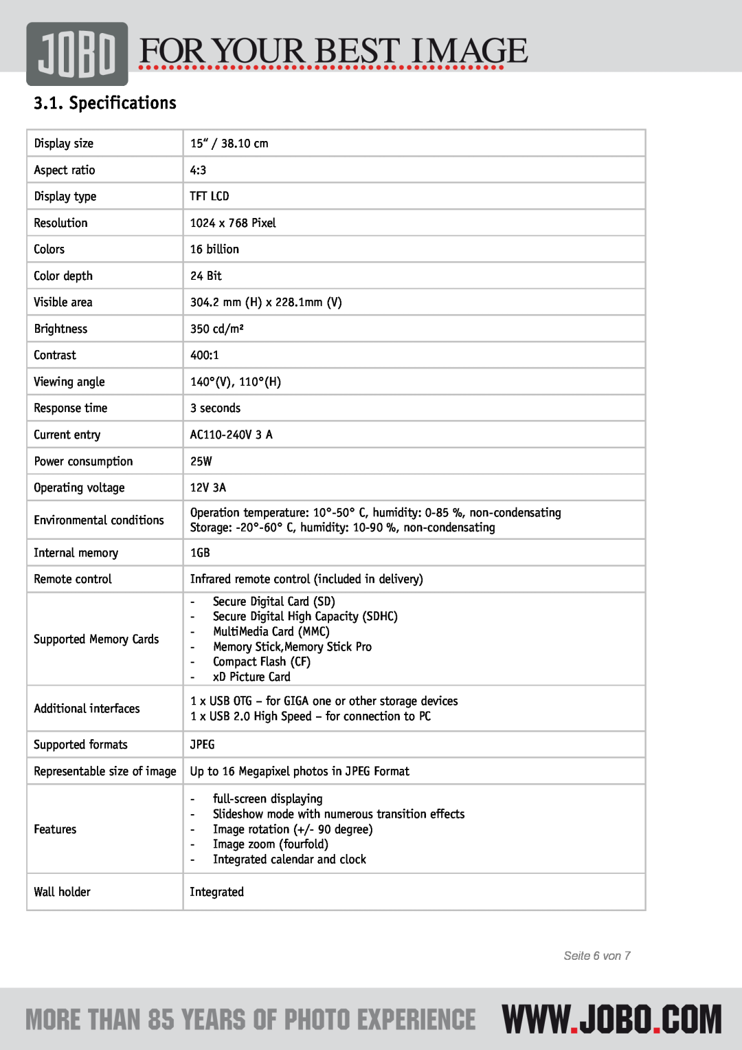 JOBO Mirage L instruction manual Specifications 