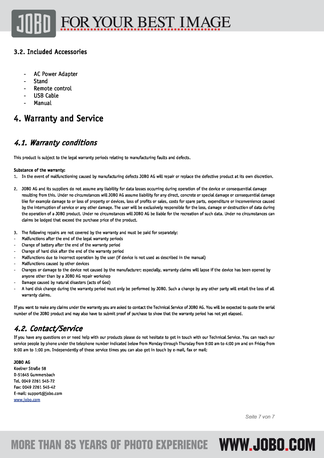 JOBO Mirage L Included Accessories, Warranty and Service, Warranty conditions, Contact/Service, Seite 7 von 