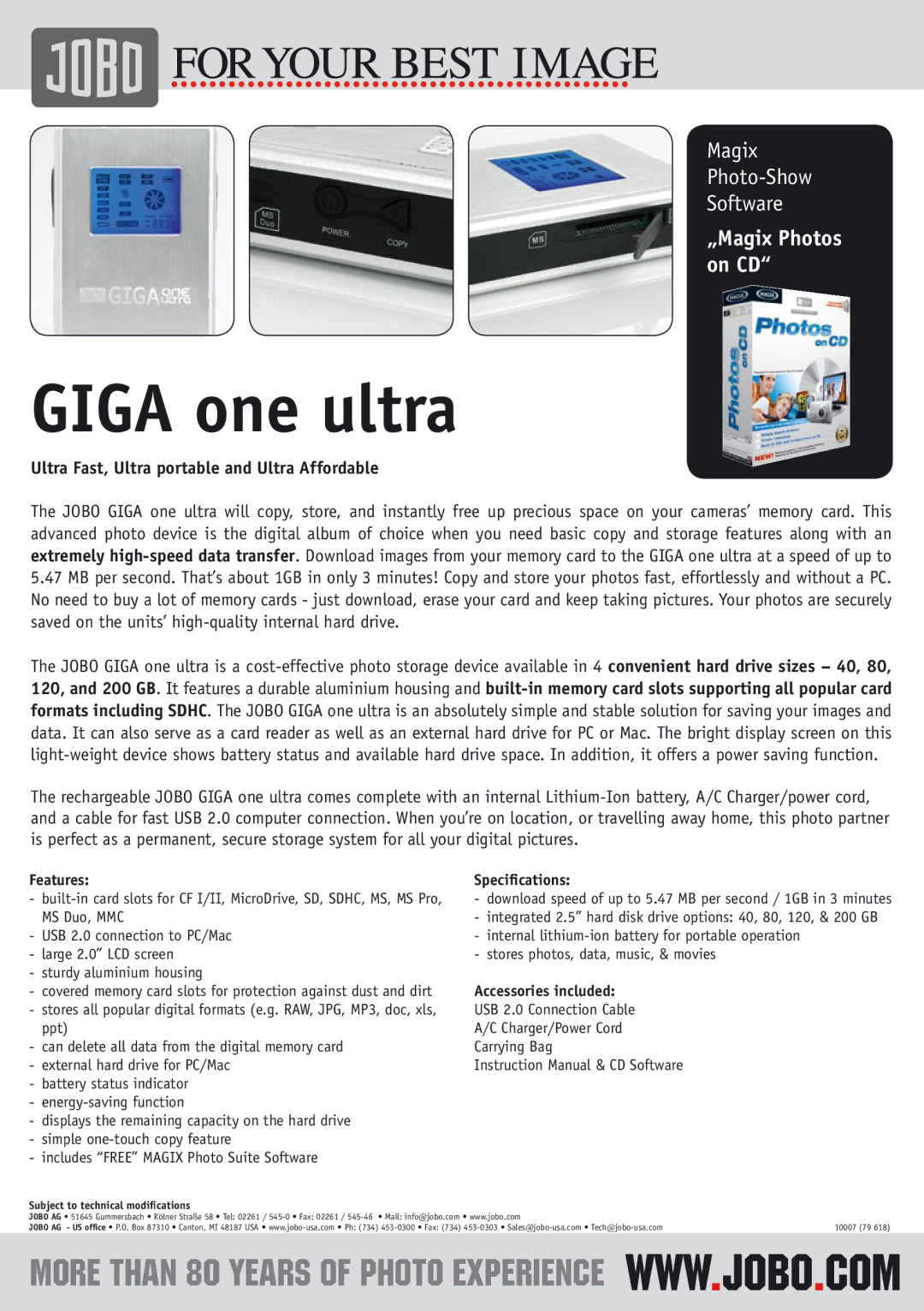 JOBO ONE ULTRA manual Giga one ultra, Ultra Fast, Ultra portable and Ultra Affordable, Features, Speciﬁcations 