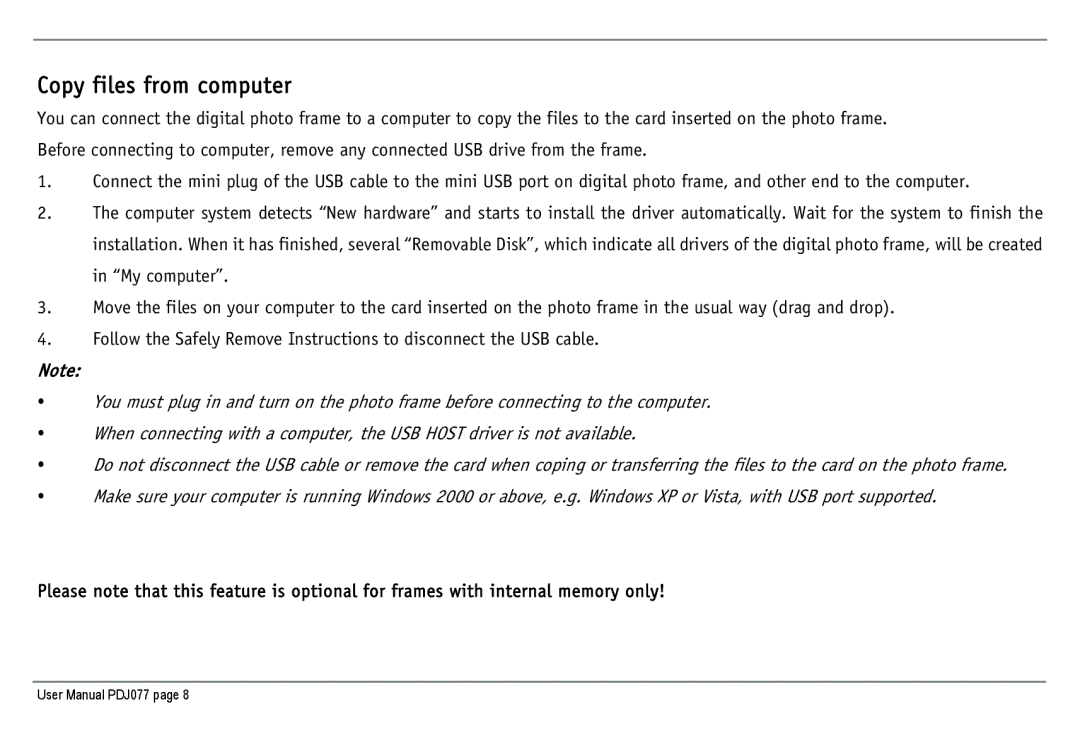 JOBO PDJ077 user manual Copy files from computer 