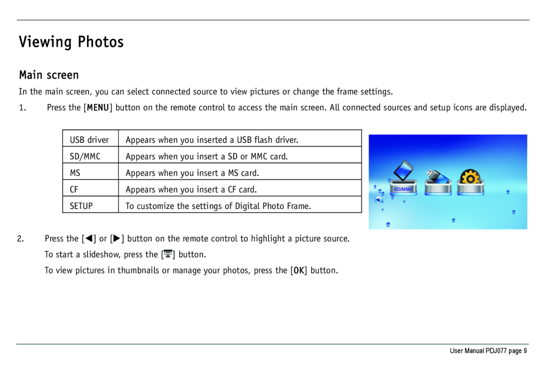 JOBO PDJ077 user manual Viewing Photos, Main screen 