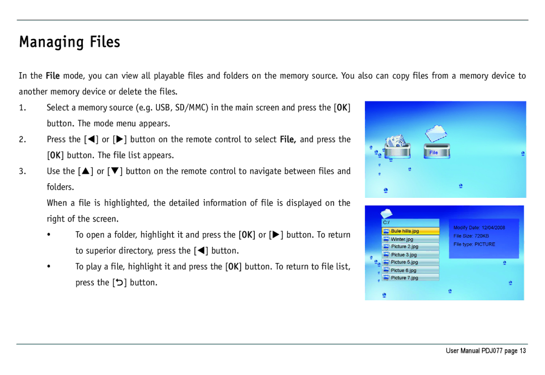 JOBO PDJ077 user manual Managing Files 