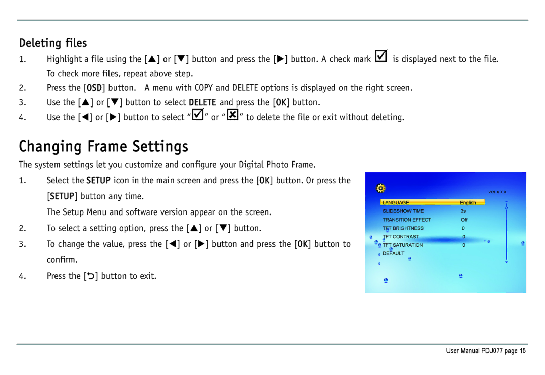 JOBO PDJ077 user manual Changing Frame Settings, Deleting files 