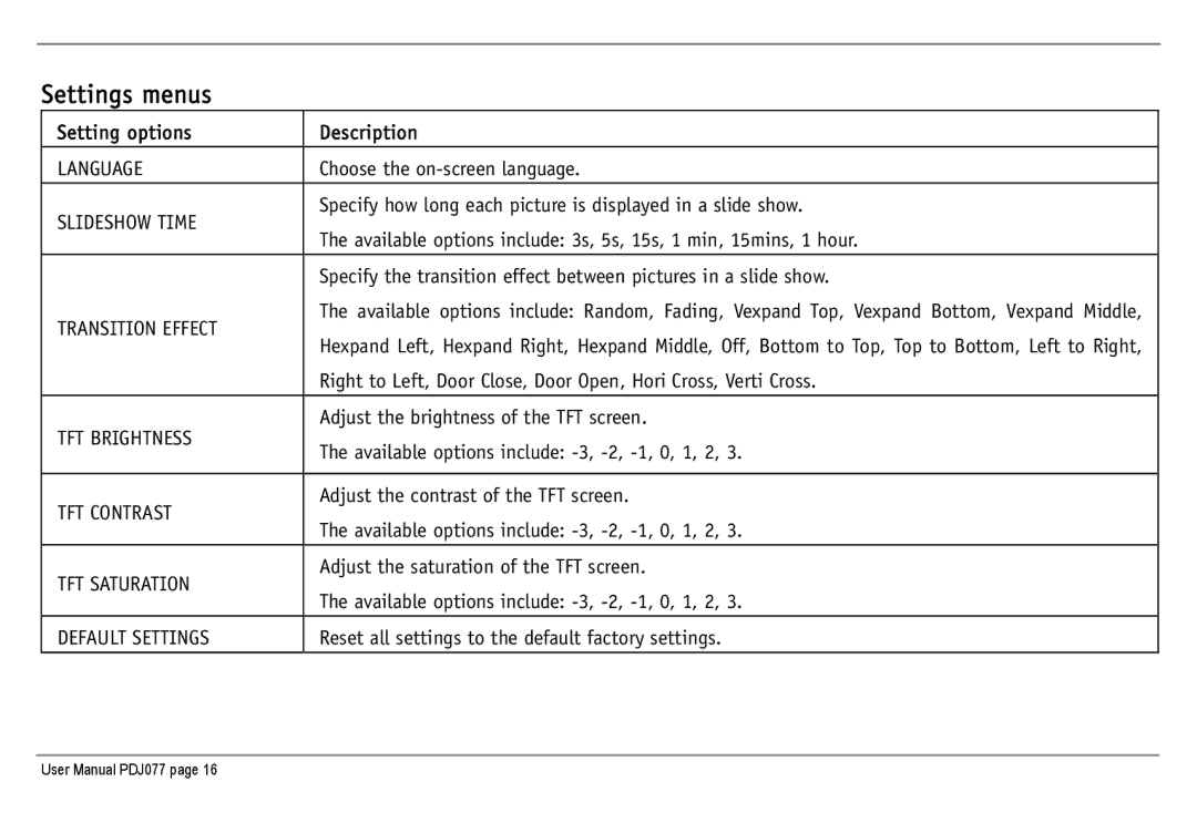 JOBO PDJ077 user manual Settings menus, Setting options 