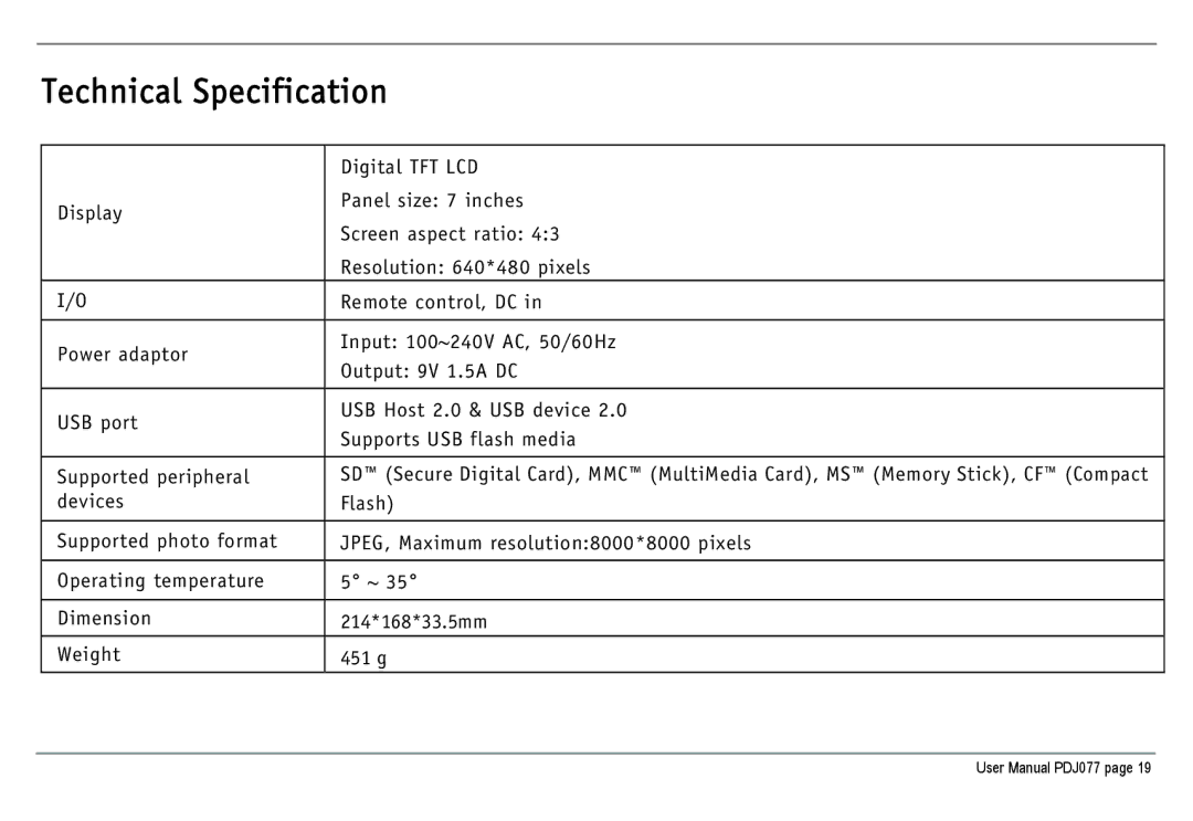 JOBO PDJ077 user manual Technical Specification 