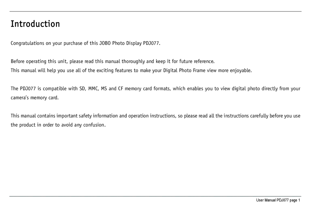 JOBO PDJ077 user manual Introduction 