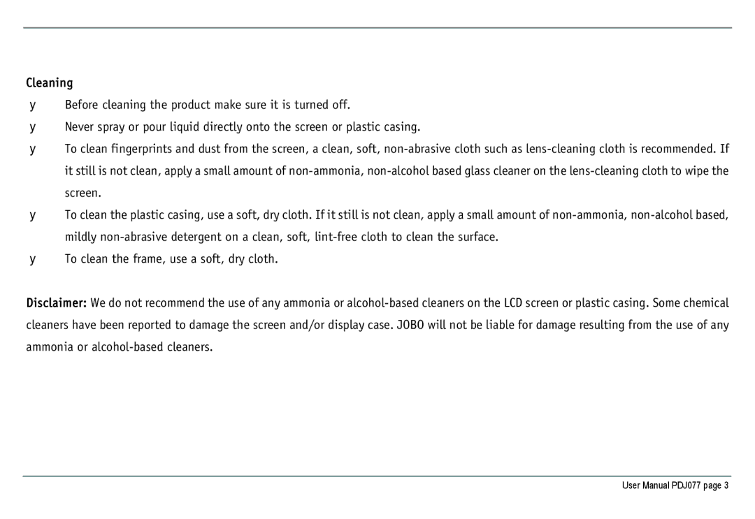 JOBO PDJ077 user manual Cleaning 