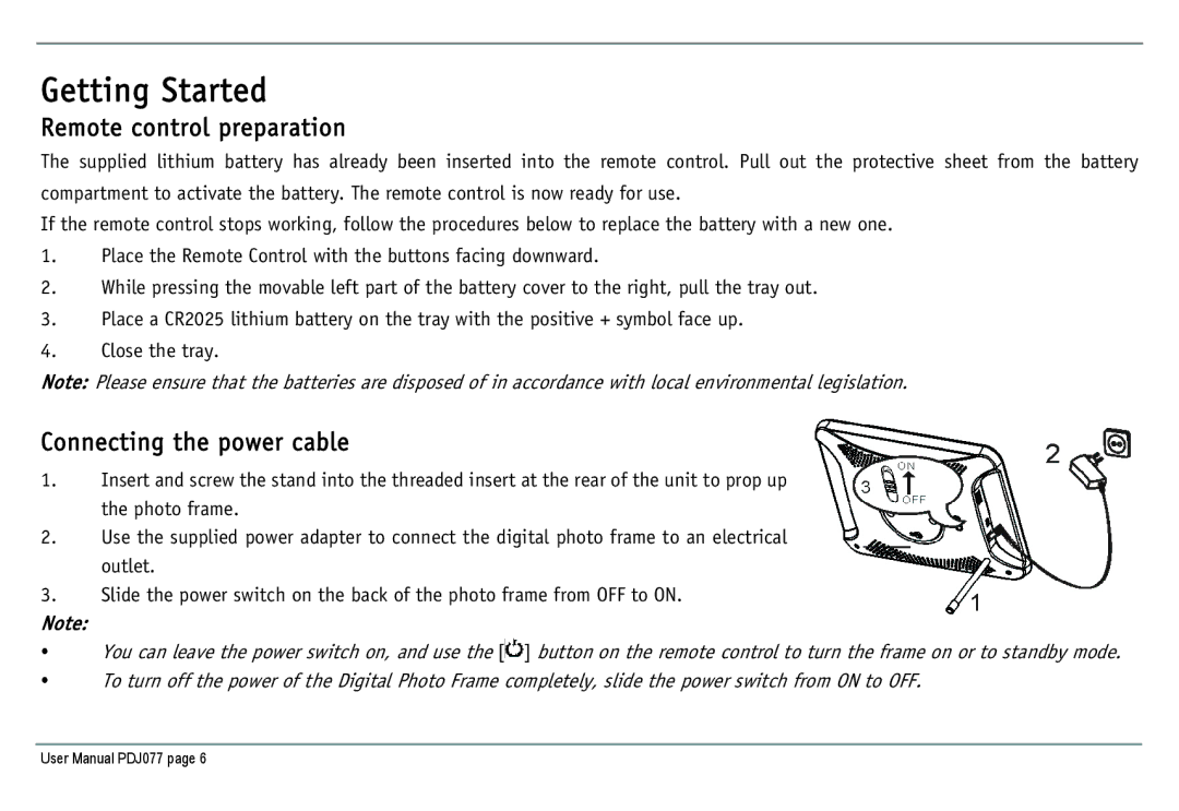 JOBO PDJ077 user manual Getting Started, Remote control preparation, Connecting the power cable 