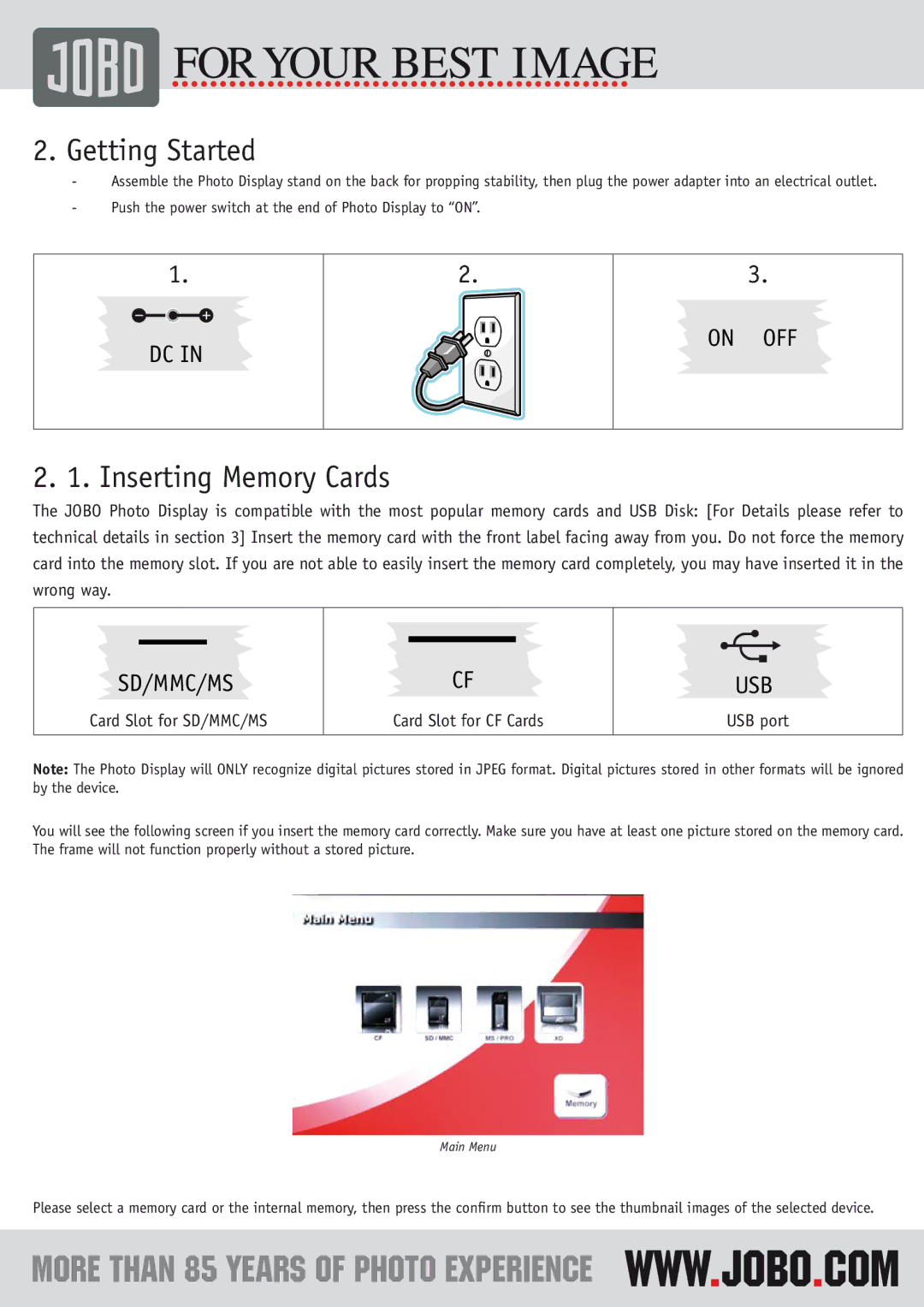 JOBO PDJ120, PDJ855, PDJ155, PDJ152 instruction manual Getting Started, Inserting Memory Cards 