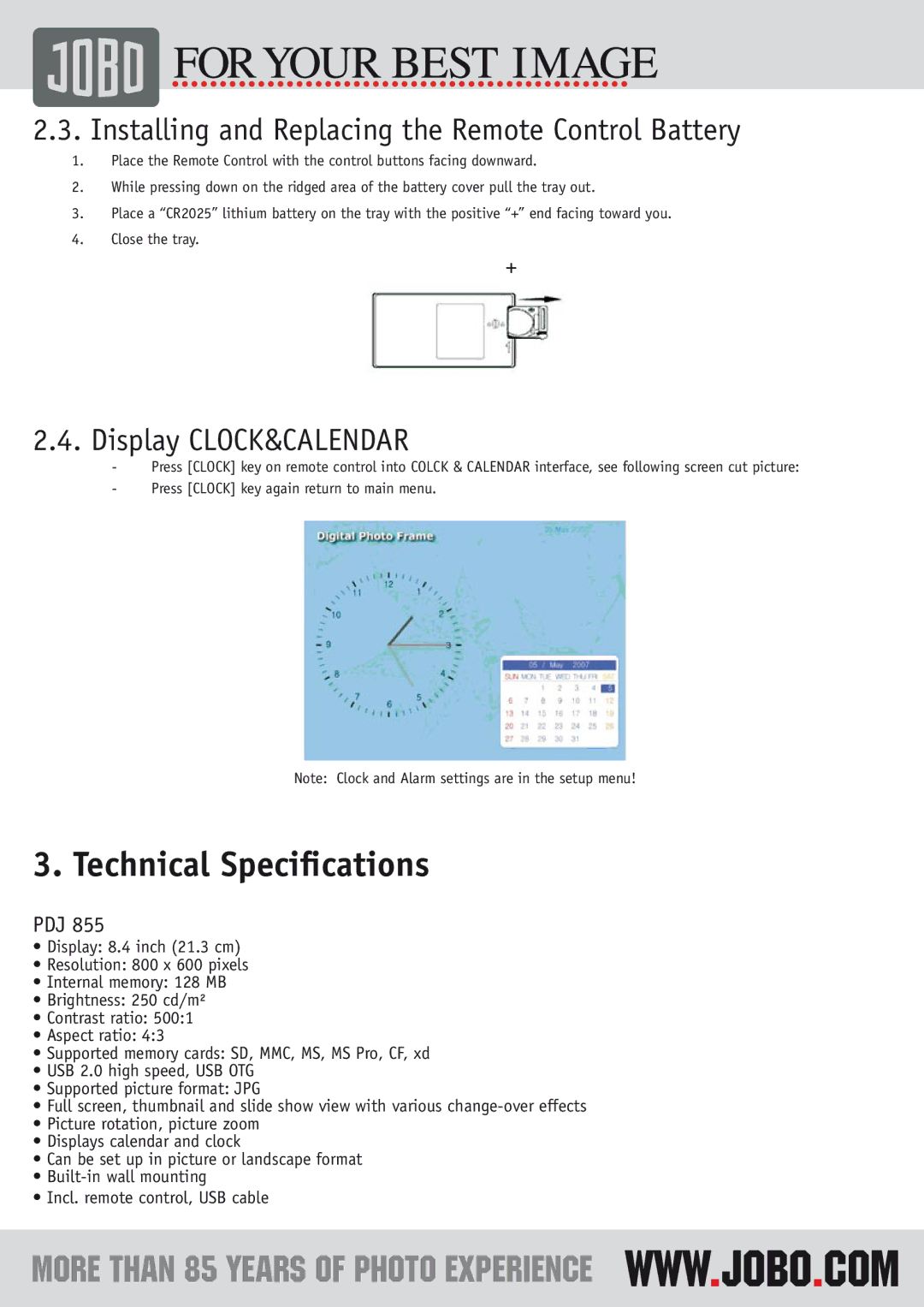 JOBO PDJ155 Technical Speciﬁcations, Installing and Replacing the Remote Control Battery, Display CLOCK&CALENDAR, Pdj 