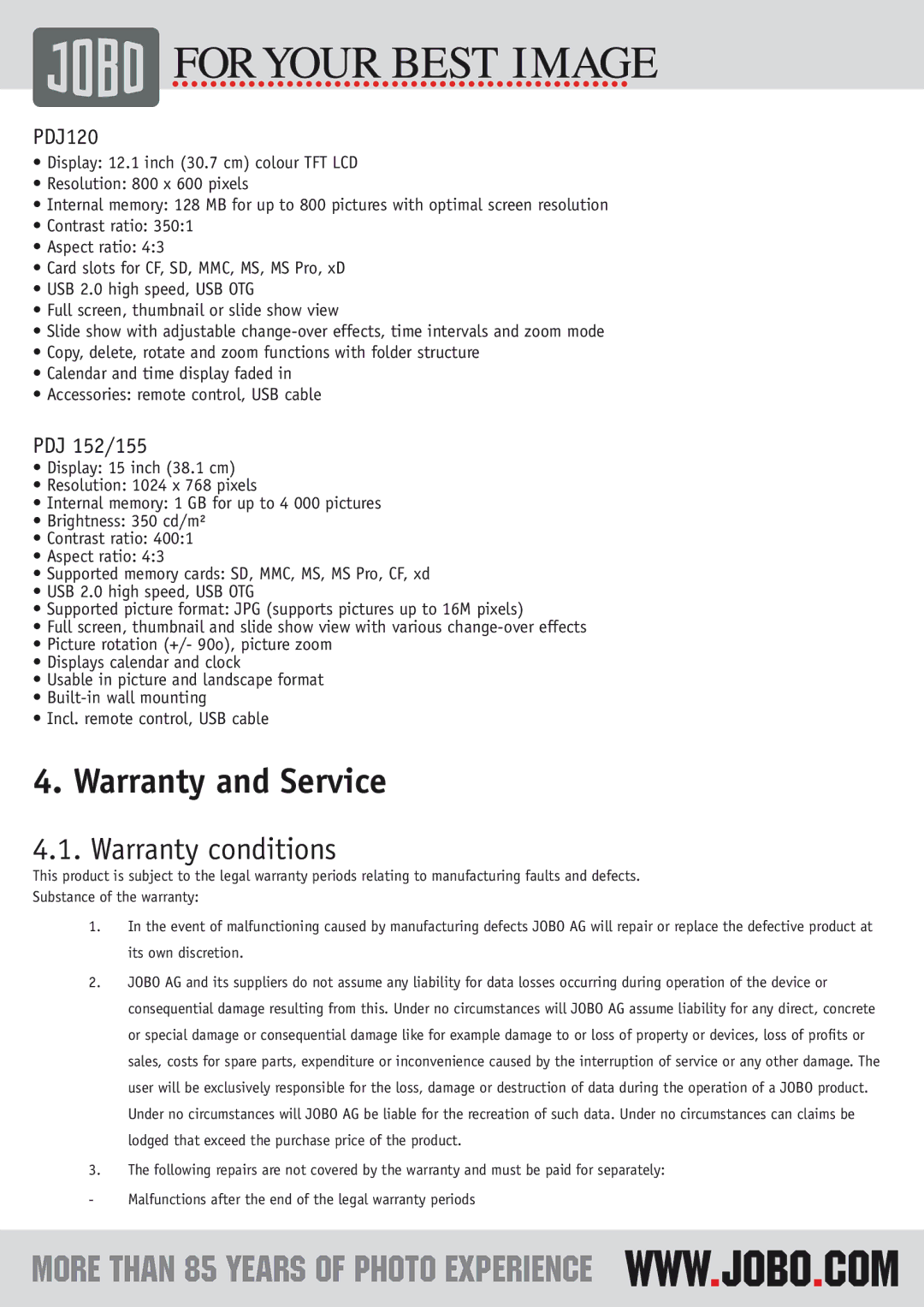 JOBO PDJ152, PDJ855, PDJ155 instruction manual Warranty and Service, Warranty conditions, PDJ120, PDJ 152/155 