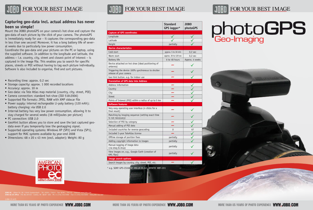 JOBO PhotoGPS Camera dimensions Capture of GPS coordinates, Device characteristics, Translation of GPS data into Address 