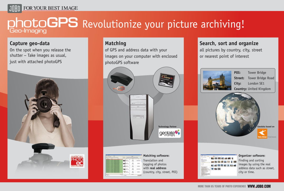 JOBO PhotoGPS Camera dimensions Revolutionize your picture archiving, Capture geo-data, Matching, Search, sort and organize 