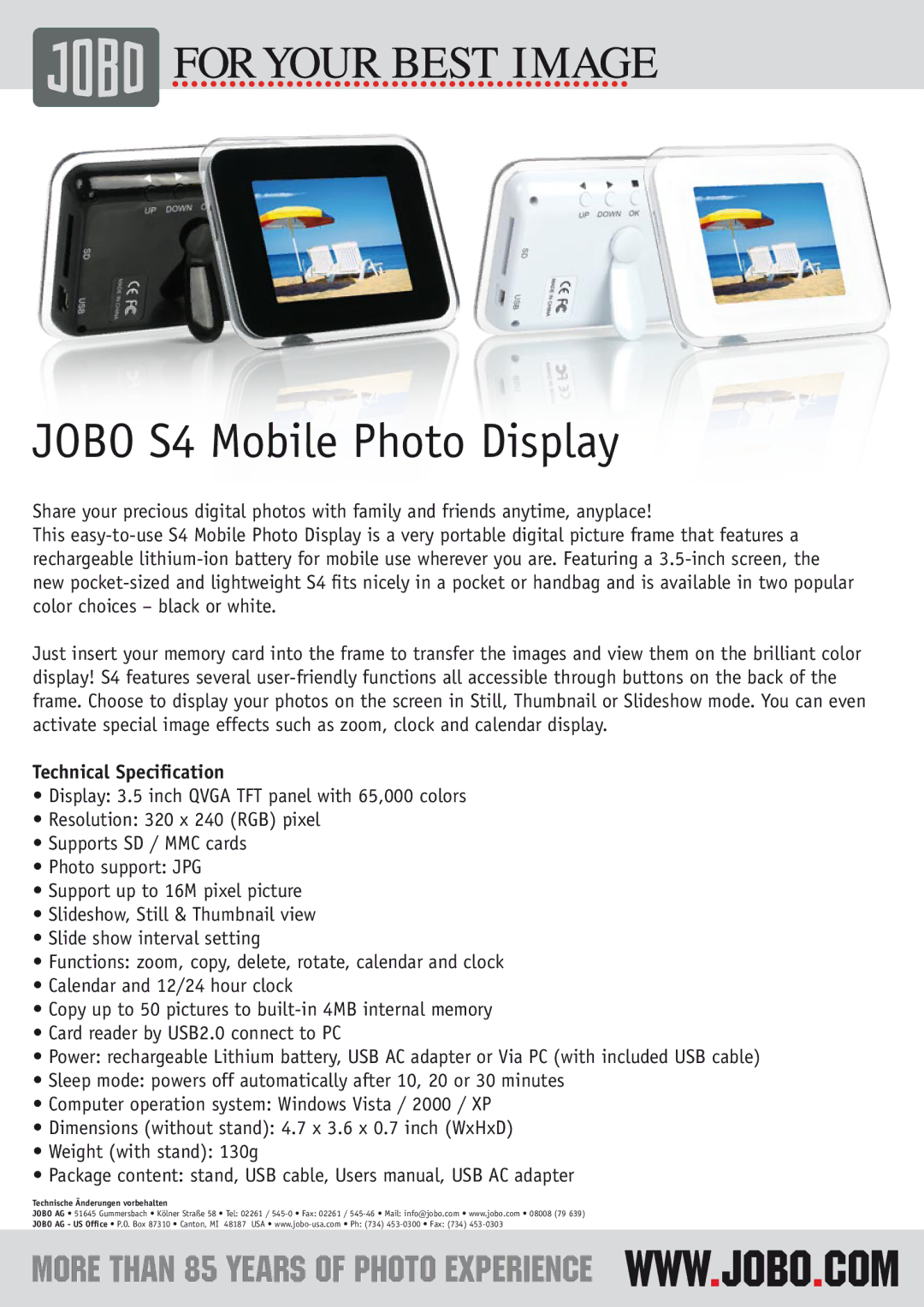 JOBO manual Jobo S4 Mobile Photo Display, Technical Speciﬁcation 