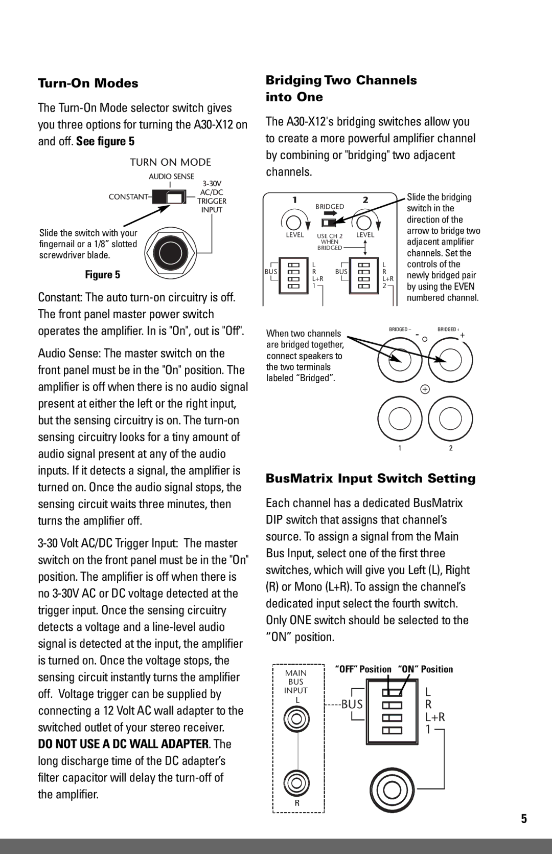 JobSite Systems A30-X12 manual Turn-On Modes, Bridging Two Channels into One, BusMatrix Input Switch Setting 