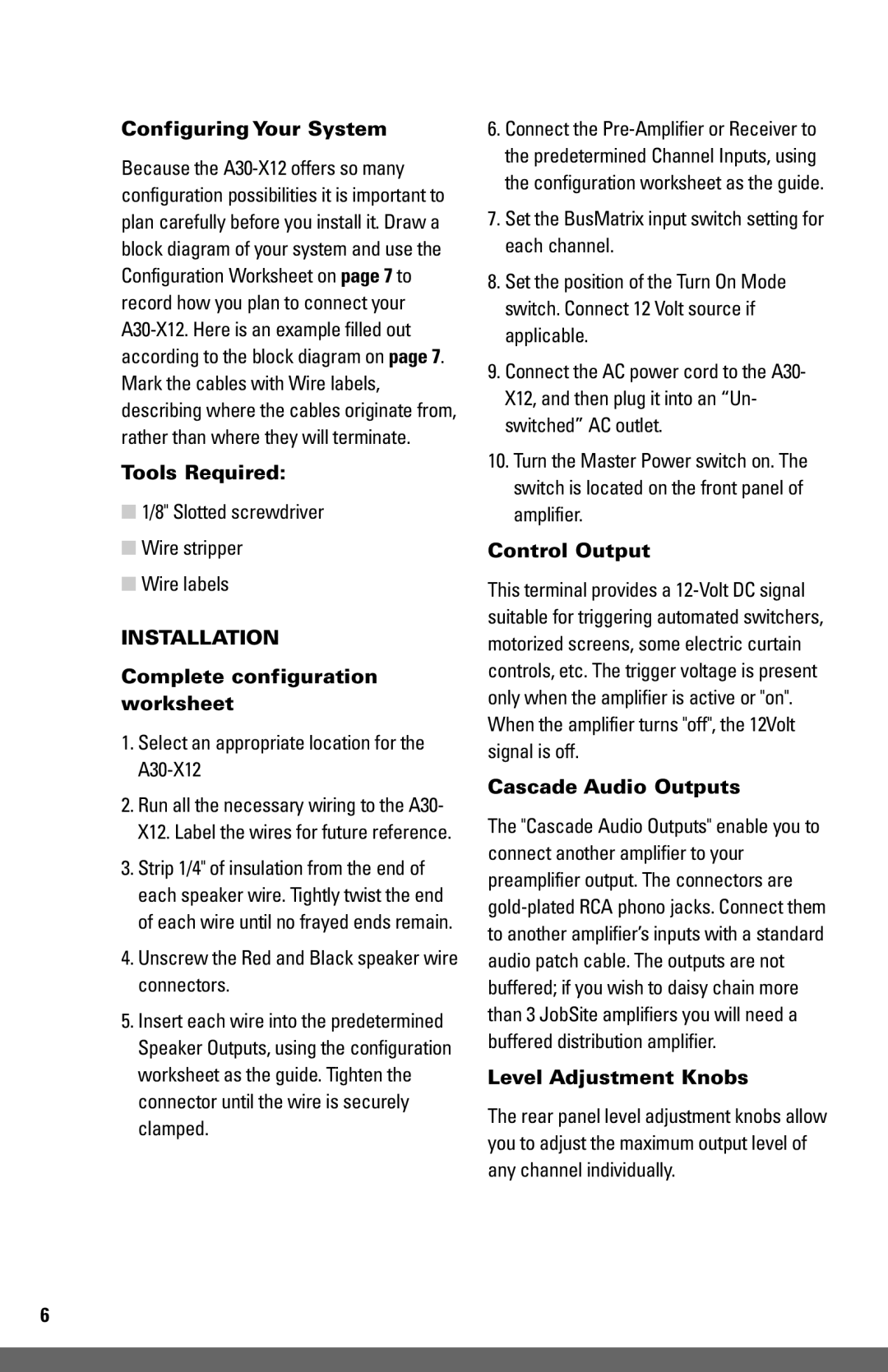 JobSite Systems A30-X12 manual Configuring Your System, Tools Required, Complete configuration worksheet, Control Output 