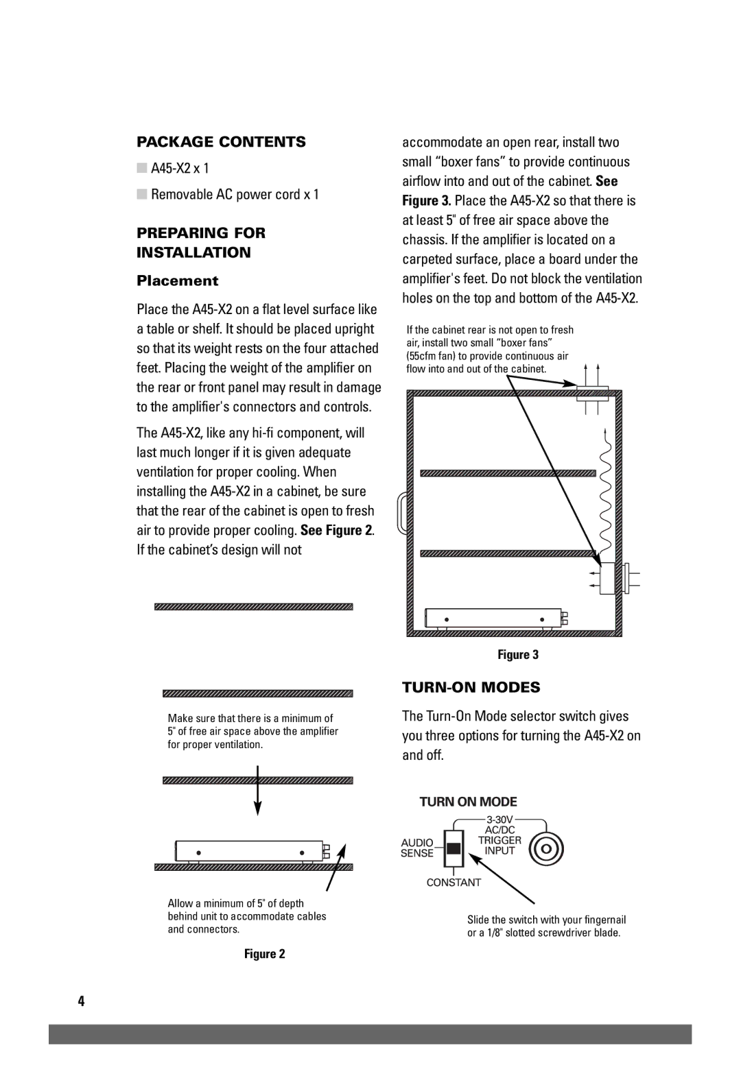 JobSite Systems A45-X2 manual Package Contents, Preparing for Installation, Placement, TURN-ON Modes 